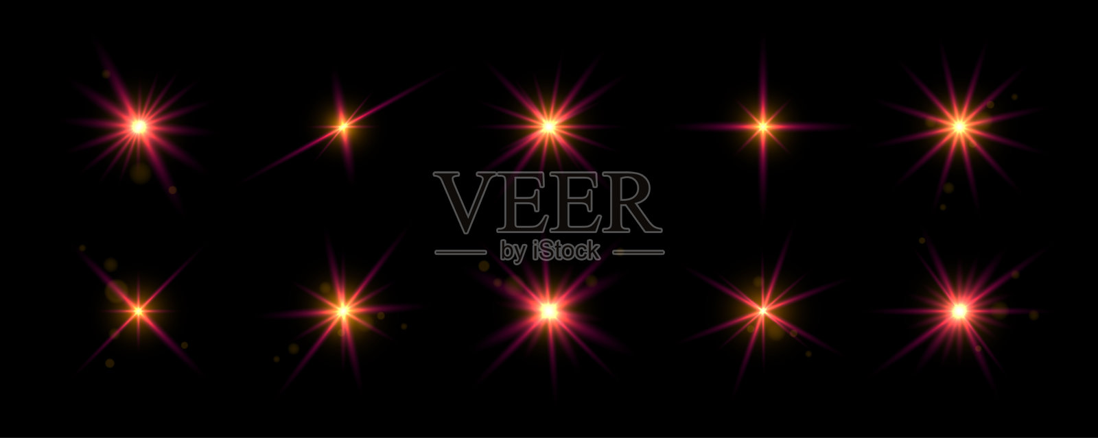 炽热的红色虹彩发光闪耀套装。魔法星辰、闪烁或火花发光包。闪耀光芒的耀斑效果合集。星光射线辐射元素。矢量暖光束星爆组合插画图片素材