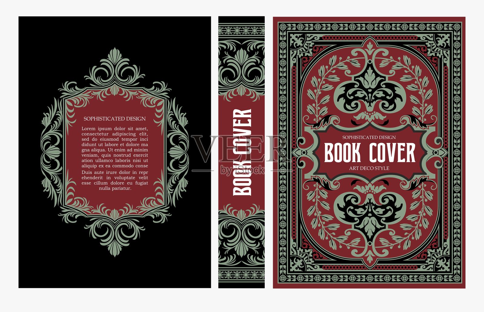 经典复古书籍封面和书脊，带有金色和黑色装饰艺术、新艺术风格装饰、装饰性边框，优雅的复古风格，适用于经典出版物、海报、艺术布局。插画图片素材