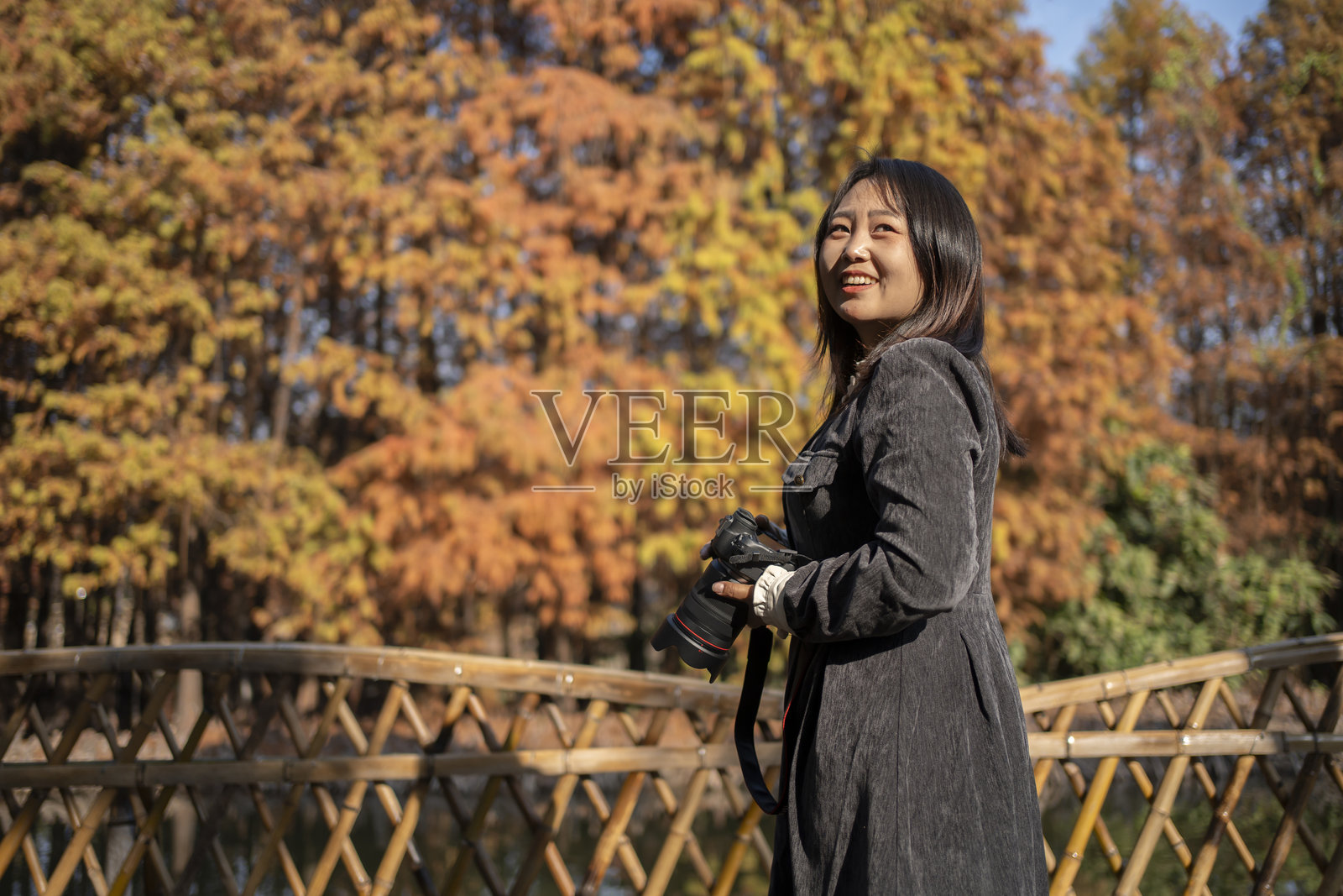 美丽的女子在森林中使用相机照片摄影图片