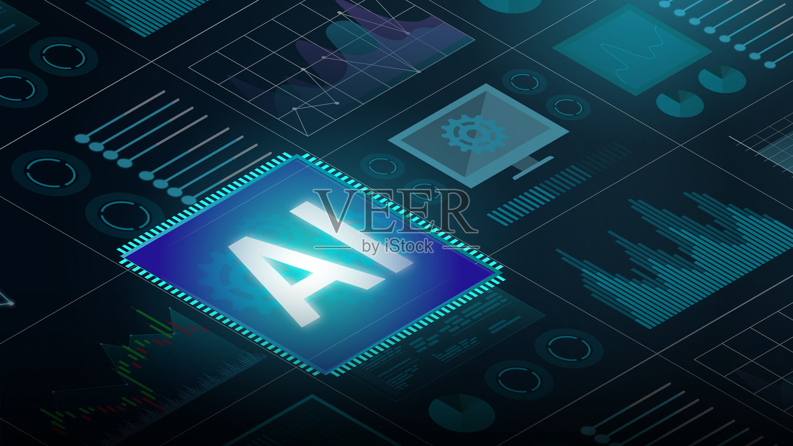 数字景观中的人工智能抽象表现，展示了尖端技术和数据分析。插画图片素材