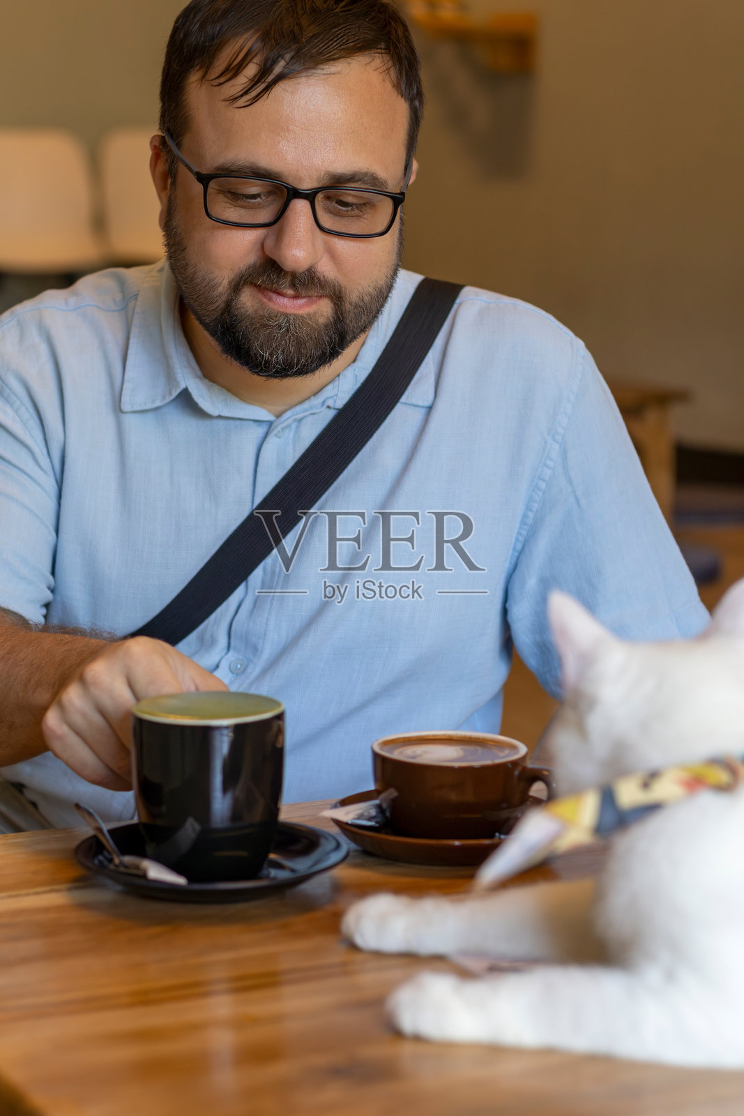 男人和猫在猫咖馆享受惬意的咖啡时光照片摄影图片
