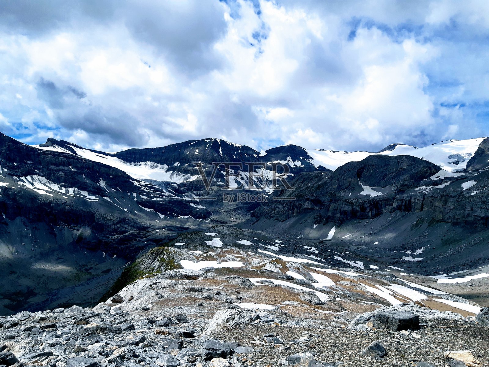 从热米山口（Gemmi Pass）俯瞰罗纳河谷（Rhone Valley）的广阔全景，展现了陡峭的悬崖和远处白雪皑皑的山峰。照片摄影图片