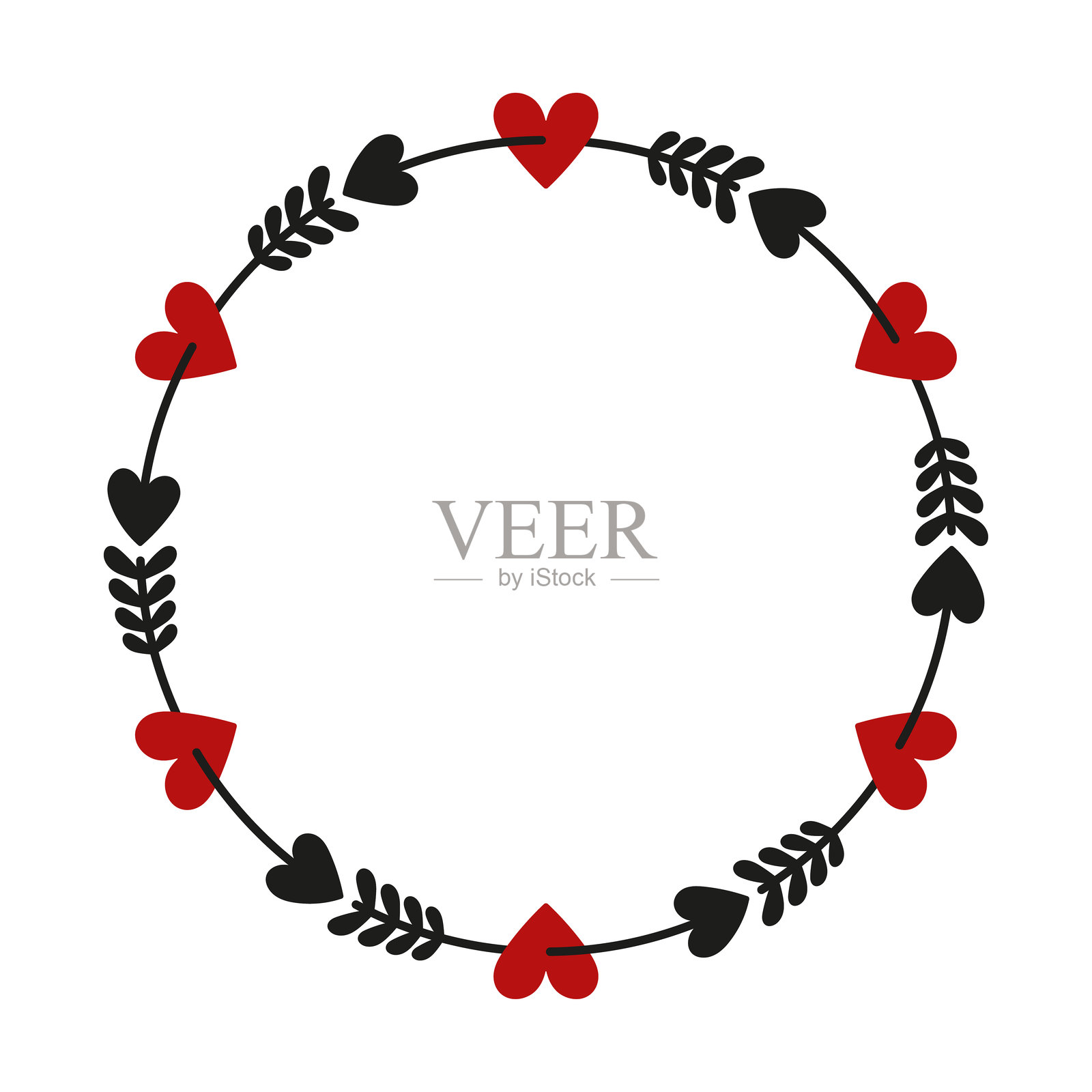 被箭射穿的爱心圆形画框。彩色剪影。正面视图。矢量简约扁平化图形插画。孤立在白色背景上的对象。插画图片素材