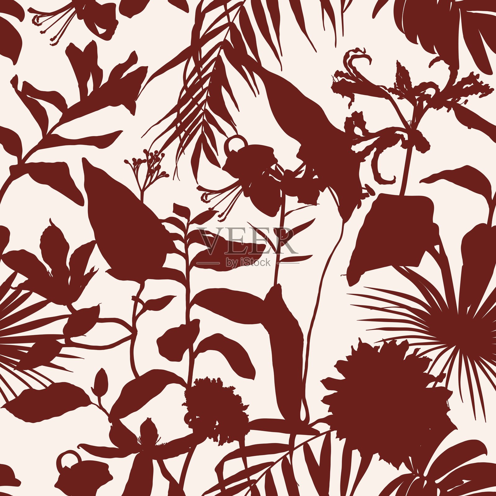 无缝的精致图案，带有热带剪影花卉和叶子。明亮的雨林插画。插画图片素材