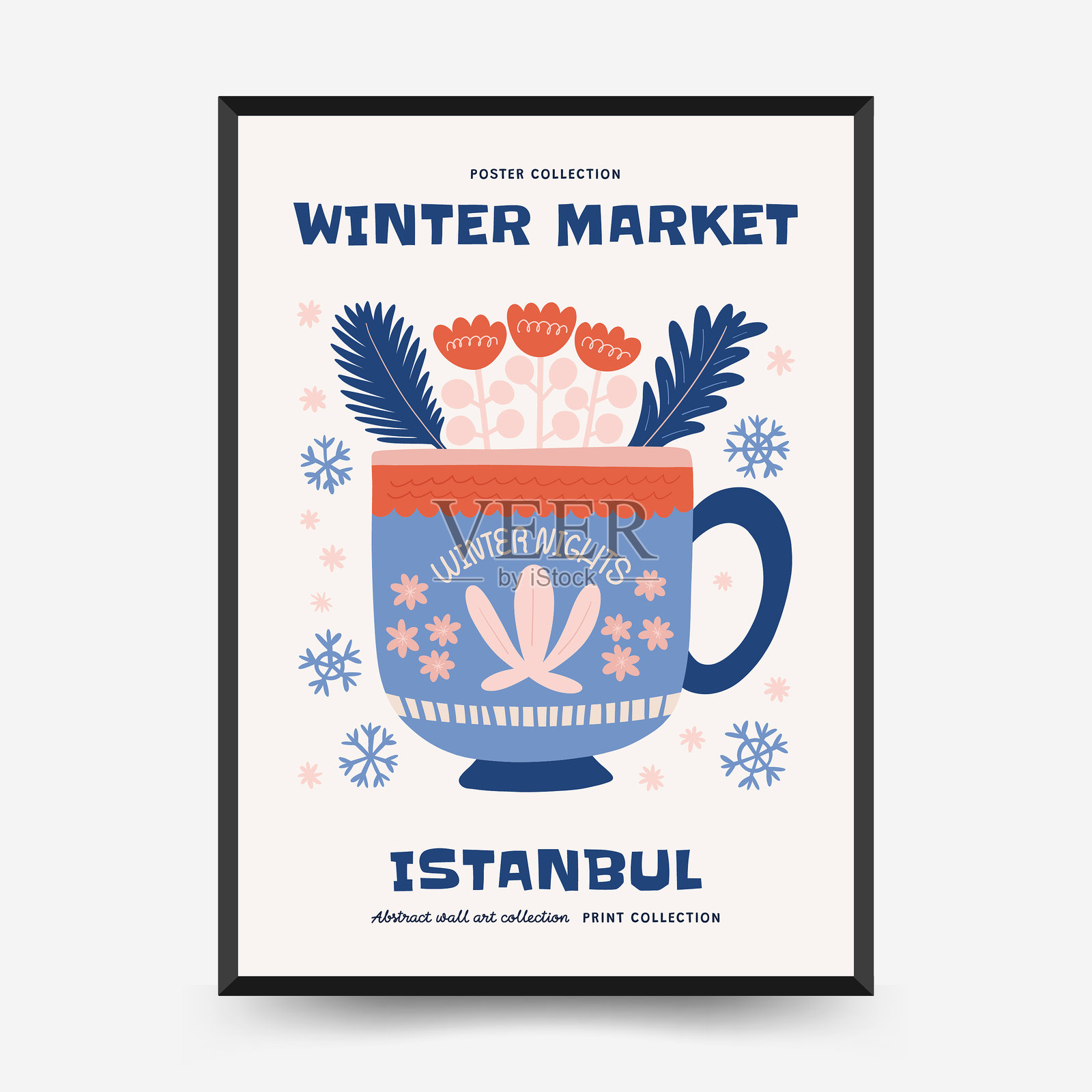 圣诞快乐，新年快乐，竖版传单或海报模板。现代时尚的马蒂斯极简风格。手绘设计，适用于壁纸、墙壁装饰、印刷品、明信片、封面、模板、横幅。插画图片素材