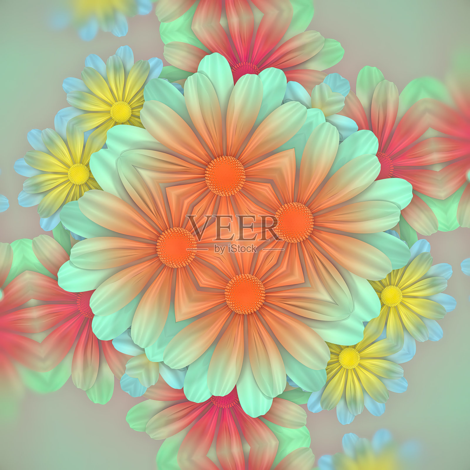 色彩鲜艳、粉色、橙色和黄色的渐变色花卉组合，时尚的3D渲染插画照片摄影图片