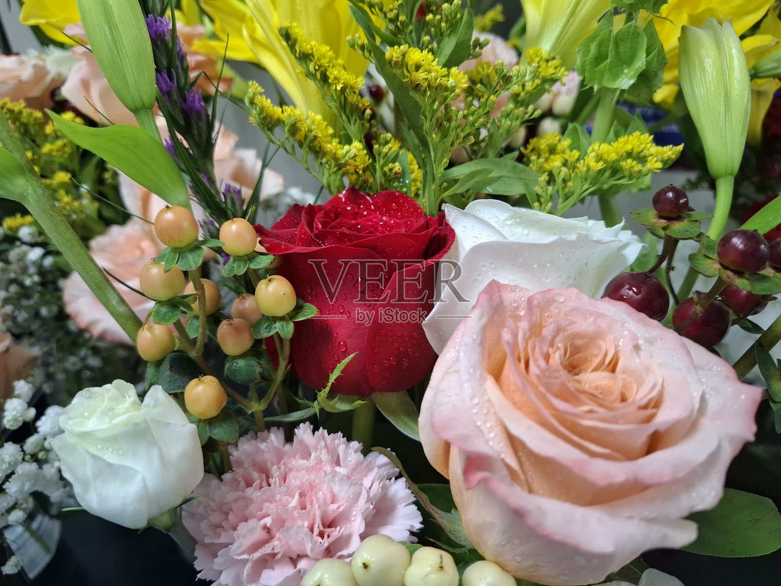 浪漫的玫瑰与花卉花束，带有露珠，色调柔和，呈桃色和奶油色照片摄影图片