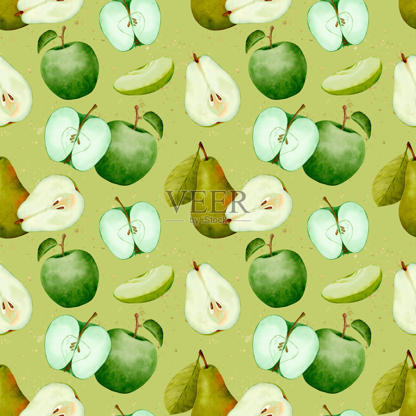 精美水彩画风格的青苹果切片，象征着清新与天然健康插画图片素材