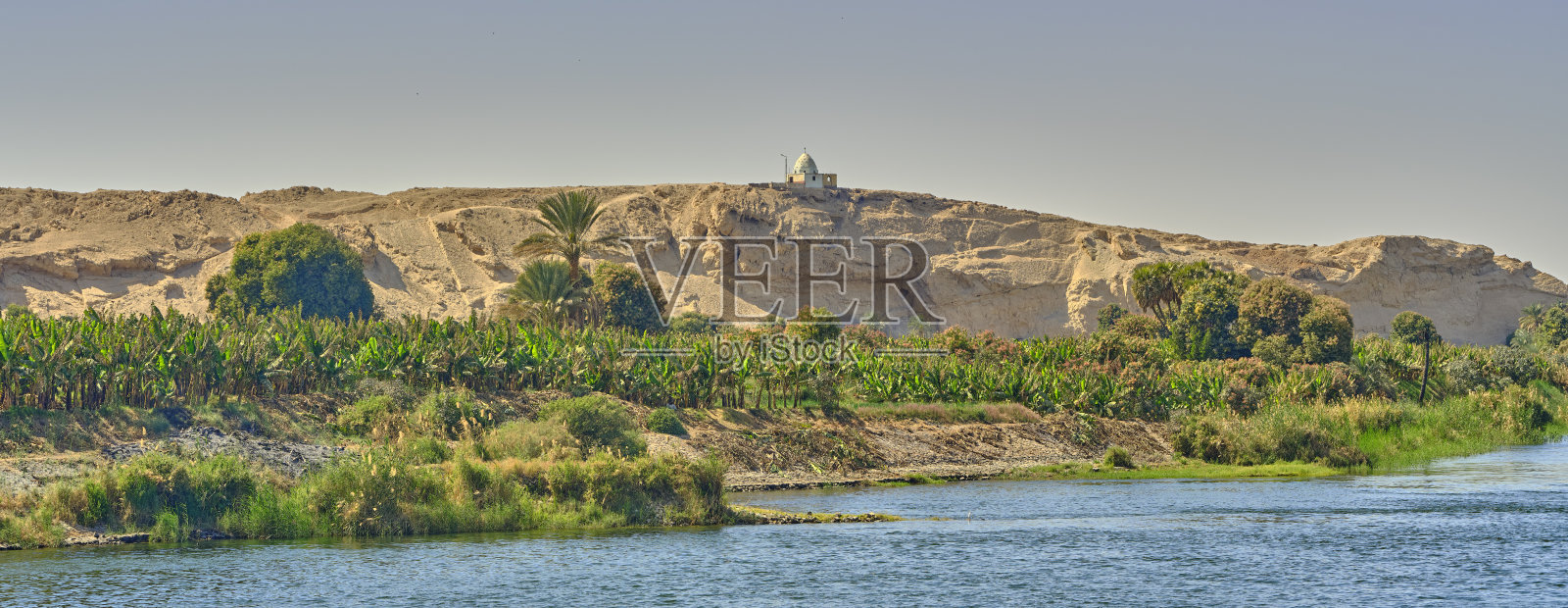 尼罗河宁静的景象，河岸郁郁葱葱，远处是沙漠照片摄影图片