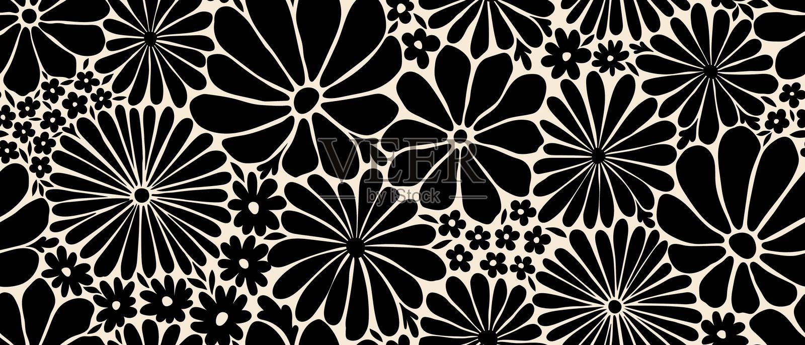 叶子、枝条和手绘涂鸦杂乱花卉植物横幅。无缝图案。创意极简抽象艺术背景。墙面装饰、明信片、海报或宣传册设计插画图片素材