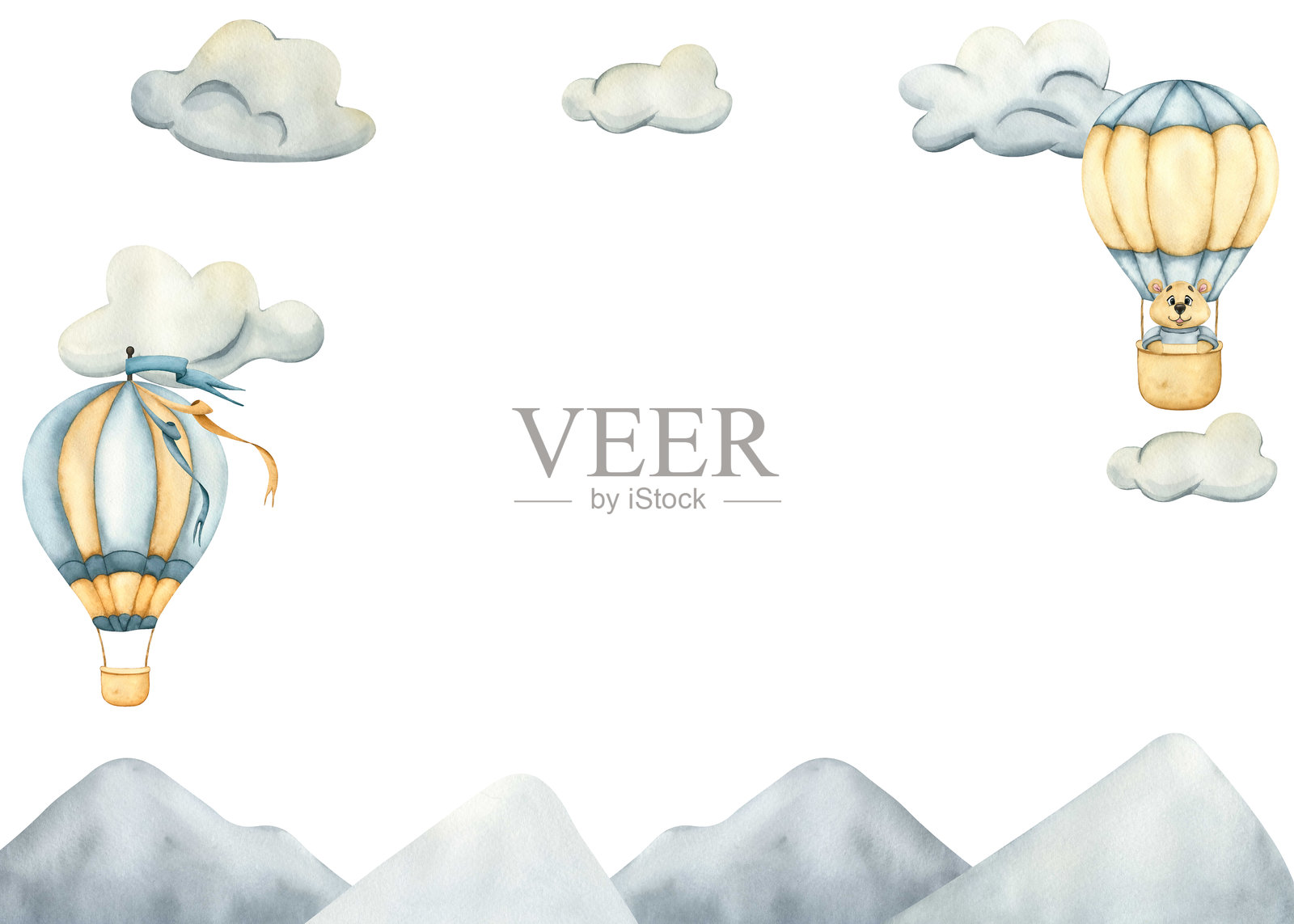热气球和白色云朵在山脉上方的水彩画框。带复制空间的框架模板。儿童贺卡模板。为儿童用品、装饰手绘水彩插画插画图片素材