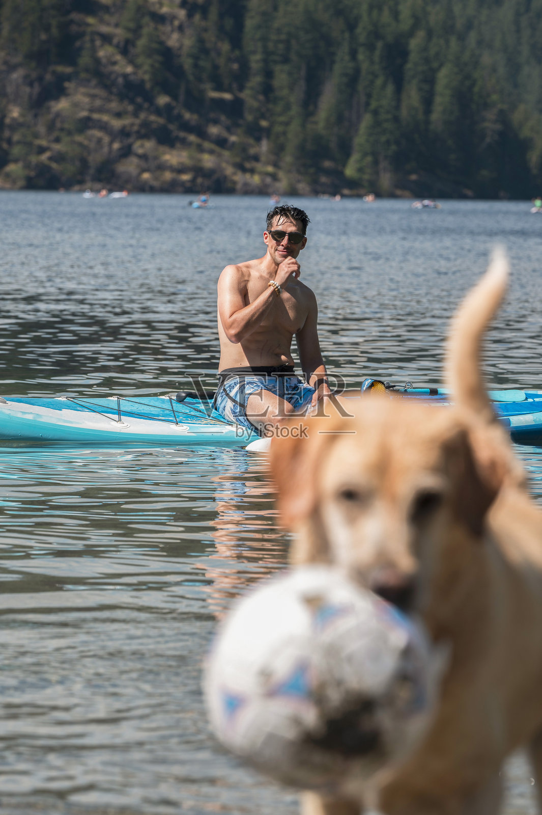 宠物之爱与桨板冲浪 - 一位英俊的男子与他的宠物拉布拉多犬在山间湖泊的桨板上放松照片摄影图片