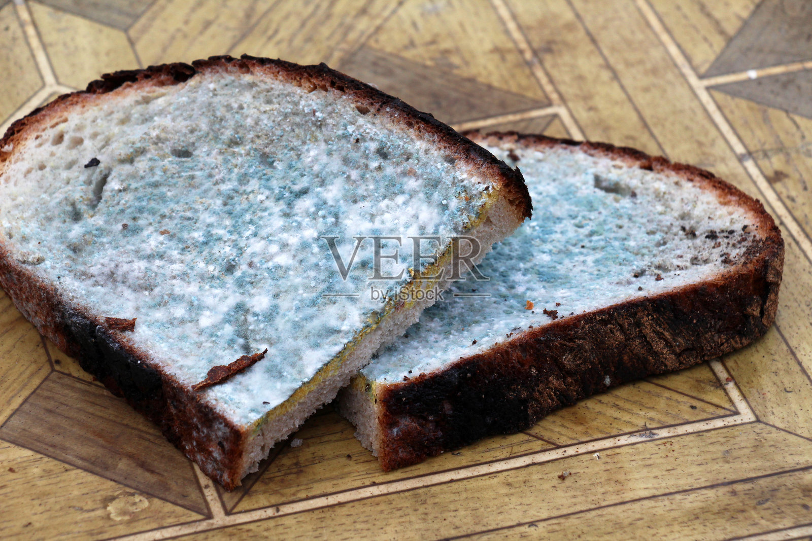 桌子上的面包发霉了。照片摄影图片