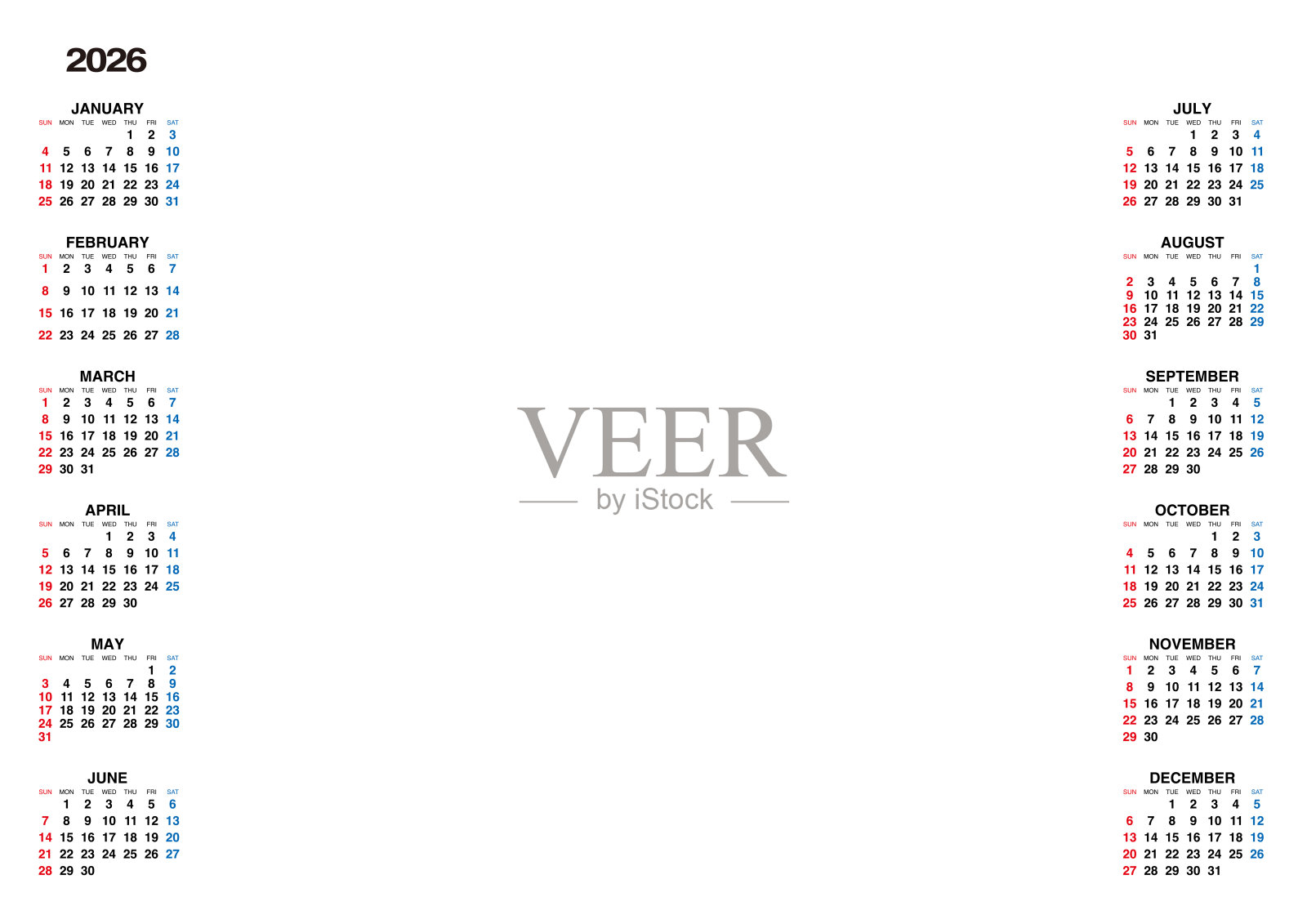 2026年版，可整页放置图片的日历。插画图片素材