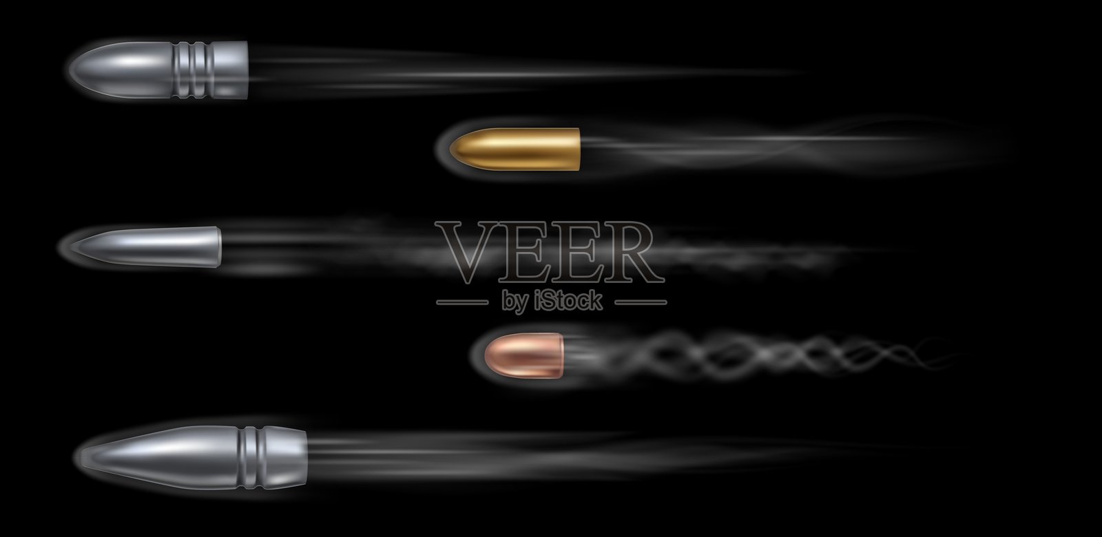 逼真的3D子弹飞射，带有枪击和手枪火焰效果插画图片素材