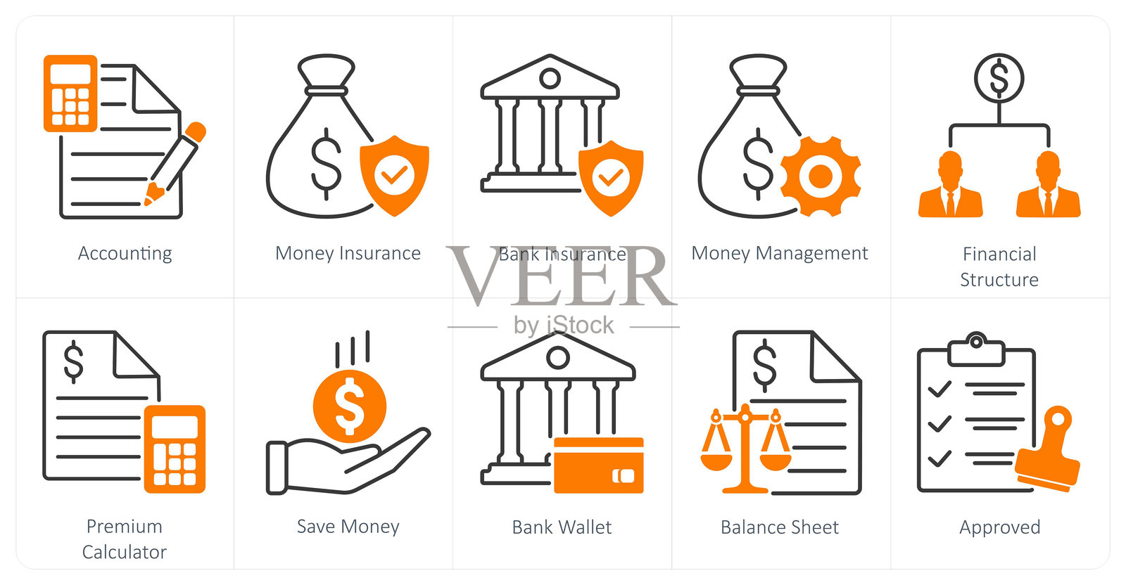 包含10个混合图标的图标集：会计、货币保险、银行保险插画图片素材