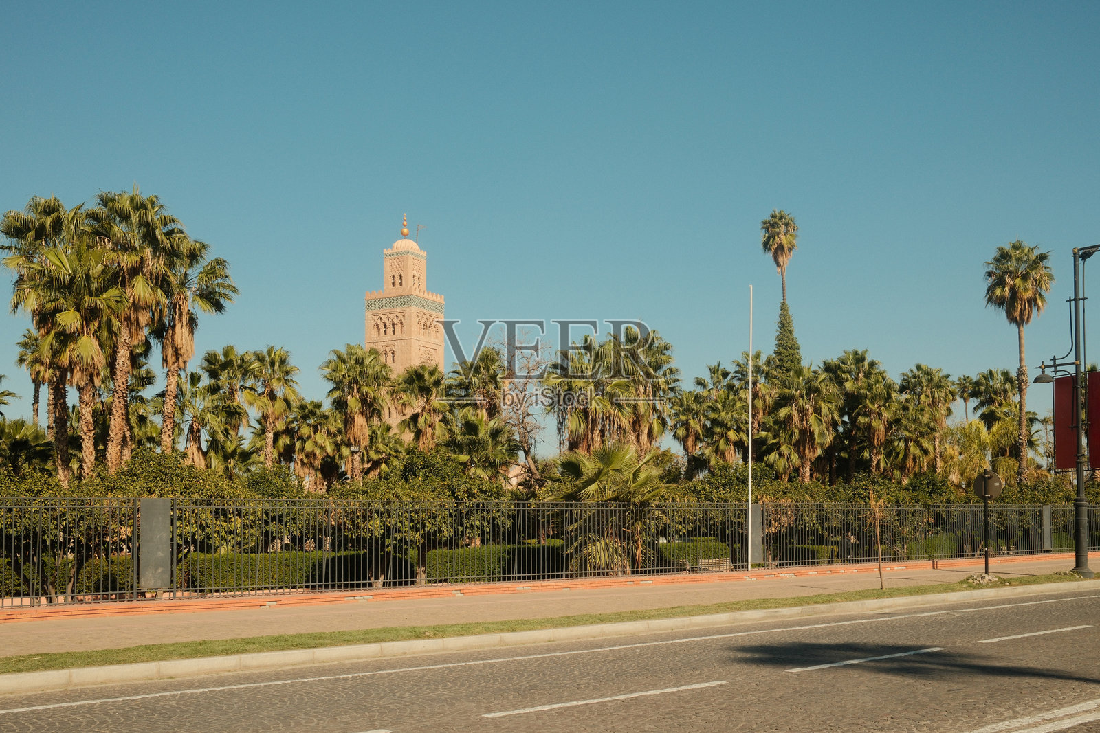 马拉喀什，库图比亚清真寺宣礼塔高耸于棕榈树之上照片摄影图片