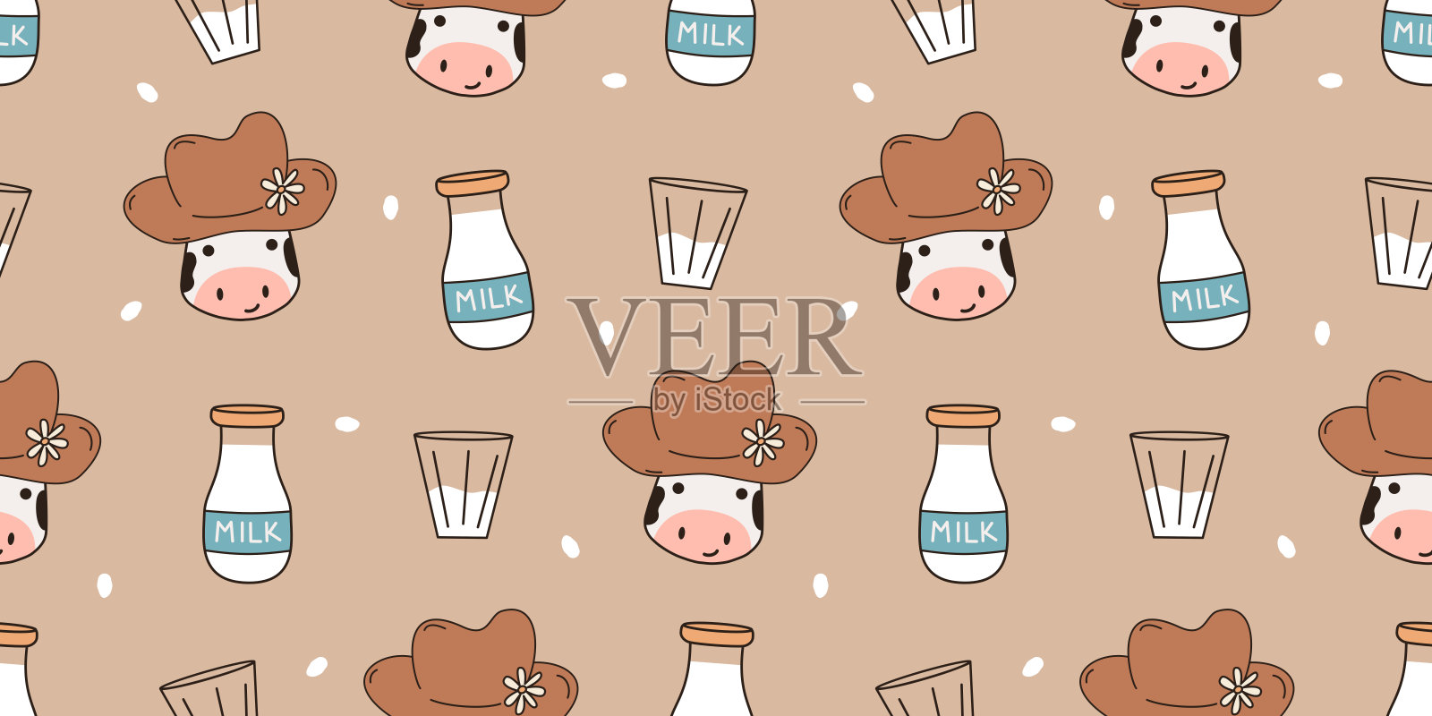 可爱的卡通手绘人物，搭配戴帽子的滑稽奶牛、奶瓶和玻璃杯，组成横向无缝矢量图图案背景插画插画图片素材