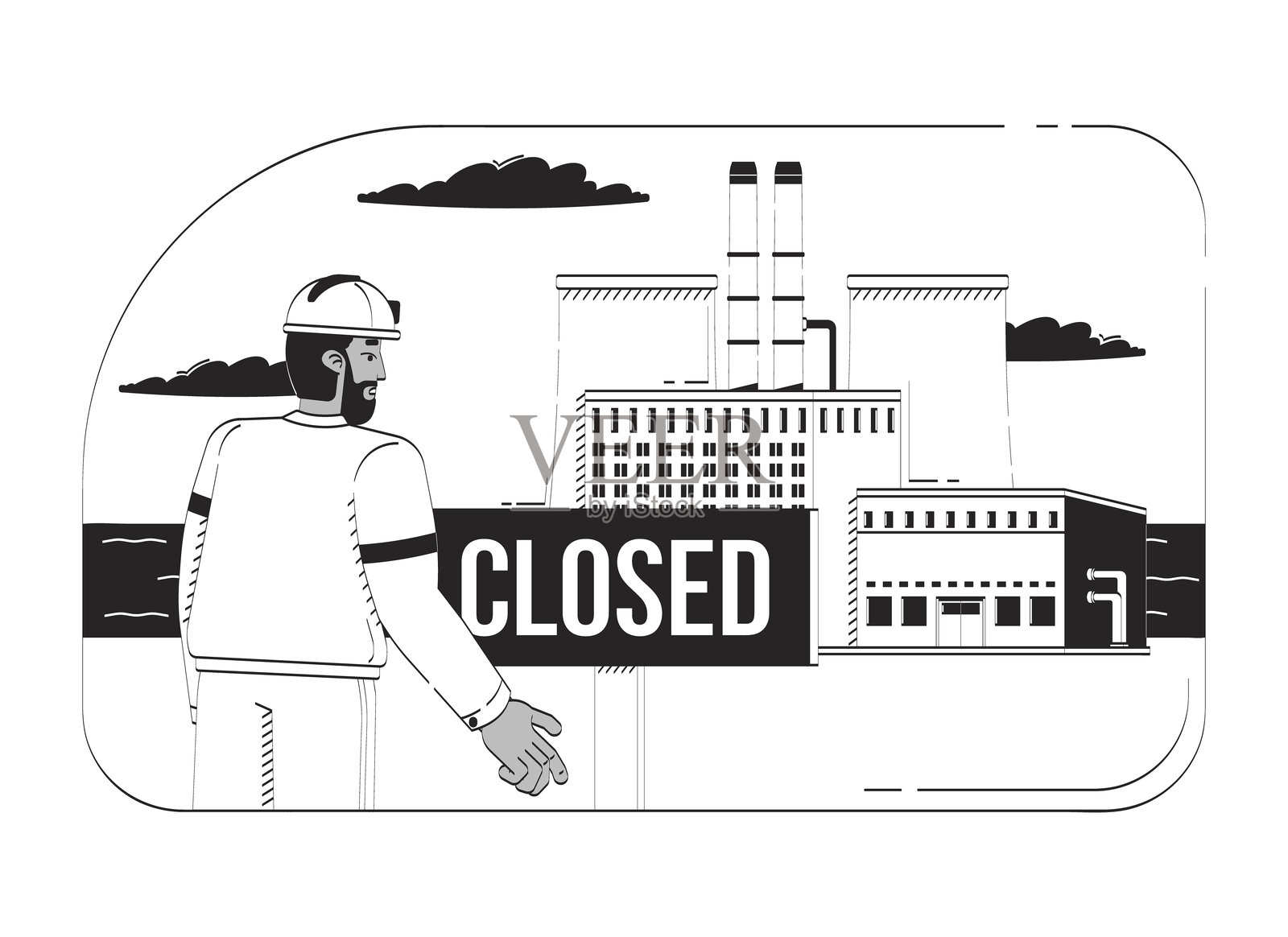 工厂关闭，工人失望的线条艺术插画插画图片素材