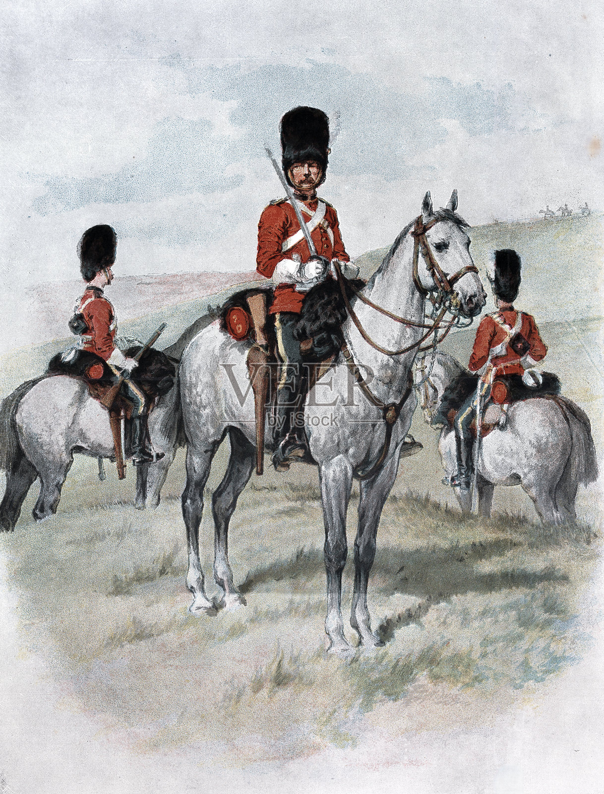 军事历史，英国陆军，骑兵，皇家苏格兰灰骑兵，龙骑兵，杜兰德之后，维多利亚时代19世纪1880年代插画图片素材