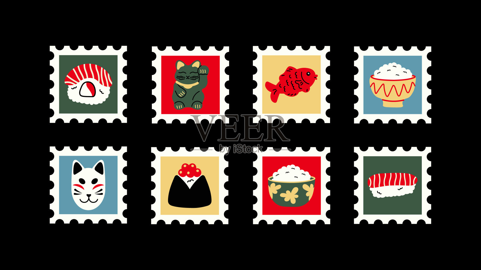 受亚洲文化启发的可爱简约日式印章。卡通食物、樱花、锦鲤和传统符号。插画图片素材