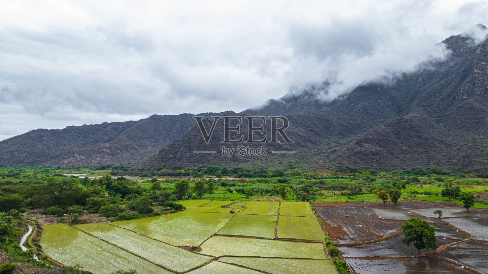 秘鲁兰巴耶克省马亚斯科恩村被群山环绕的航拍无人机图像，一个宁静的乡村旅游目的地照片摄影图片