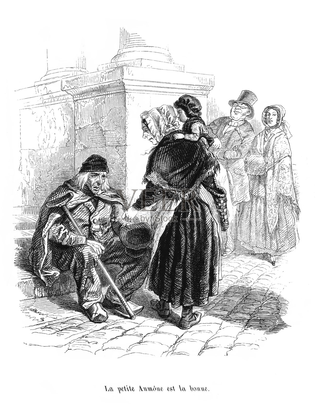 布施功德大，女子施舍给乞丐插画图片素材