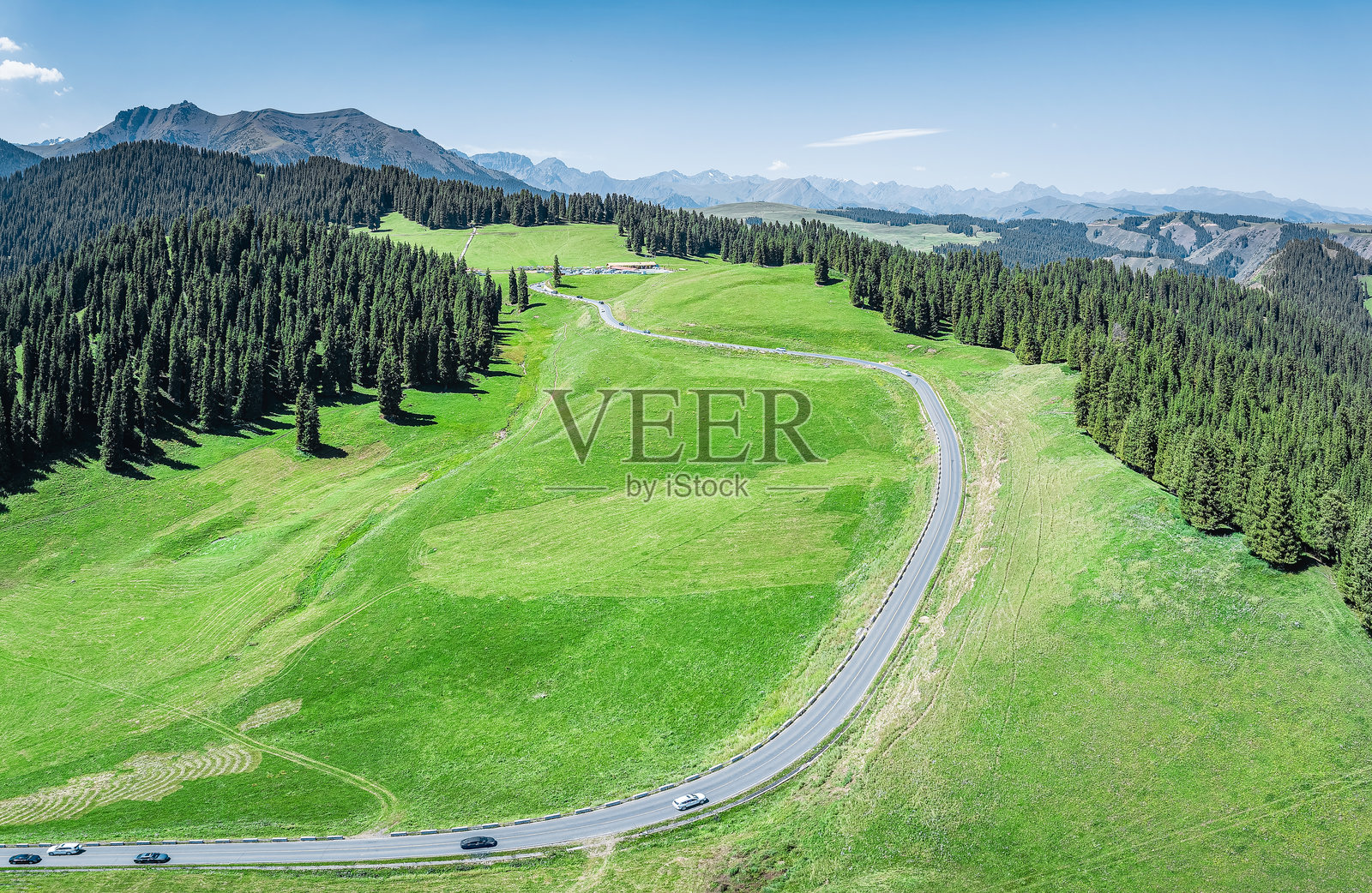 航拍视角下，汽车行驶在蜿蜒的山路上，穿过郁郁葱葱的绿色草地和松树林。照片摄影图片