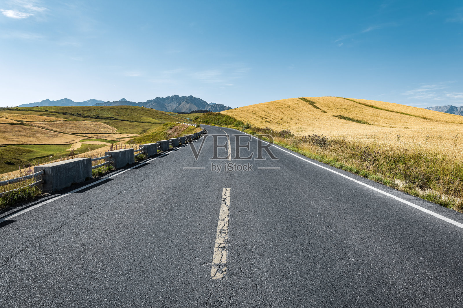 一条空旷的柏油路，通向层叠的金色山丘和壮丽的山脉，天空湛蓝。照片摄影图片
