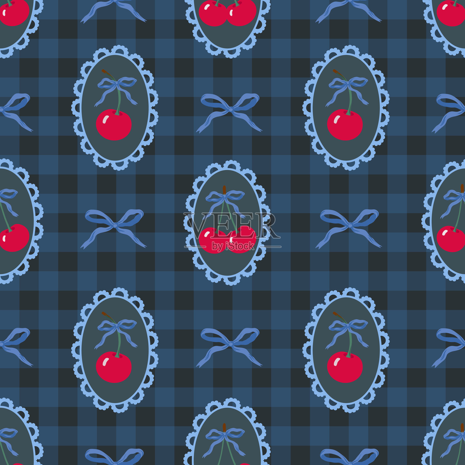 可爱的樱桃矢量图，带有粉色蝴蝶结丝带和爱心的无缝图案插画图片素材