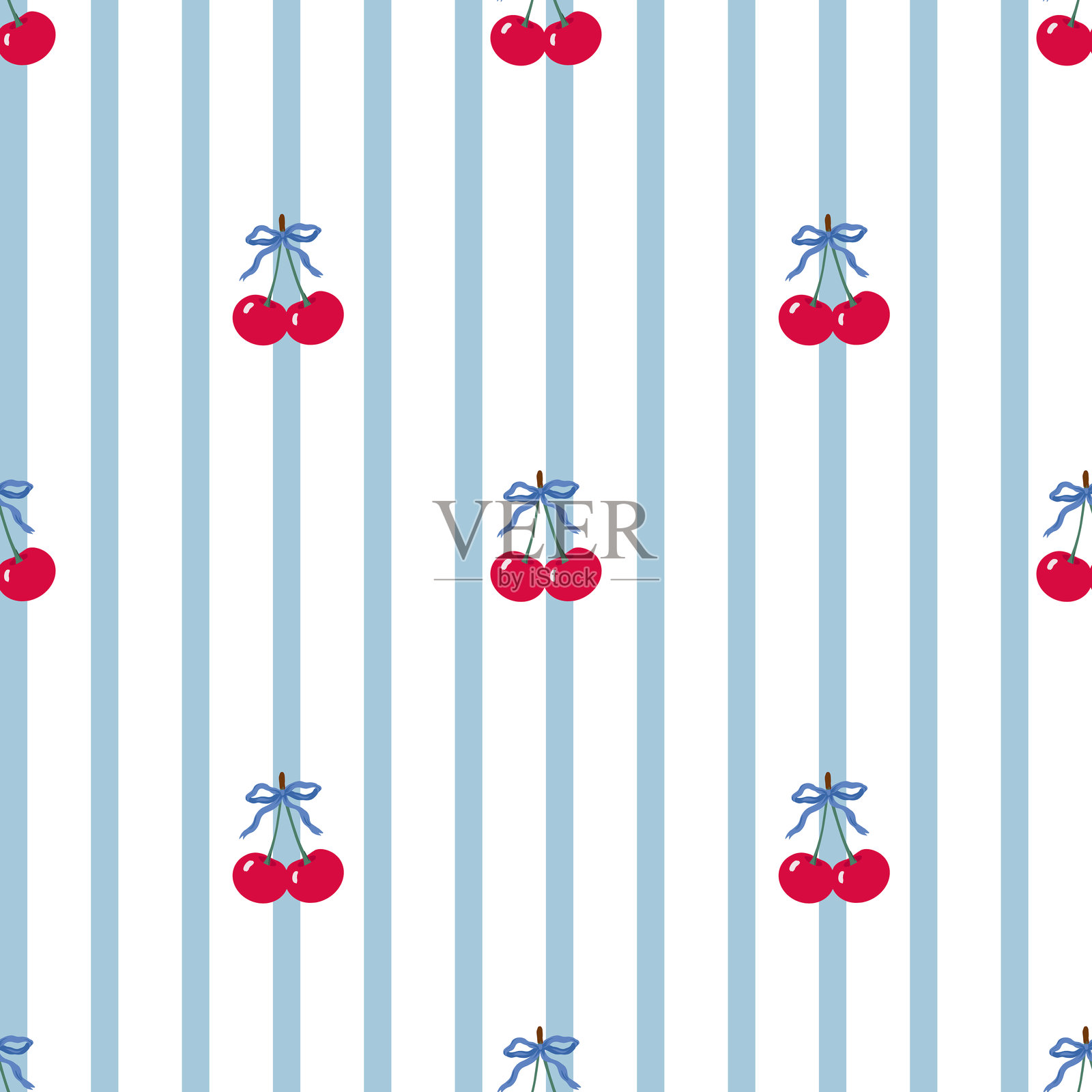 樱桃矢量无缝图案，带有蓝色条纹，可爱简约的水果插画图片素材