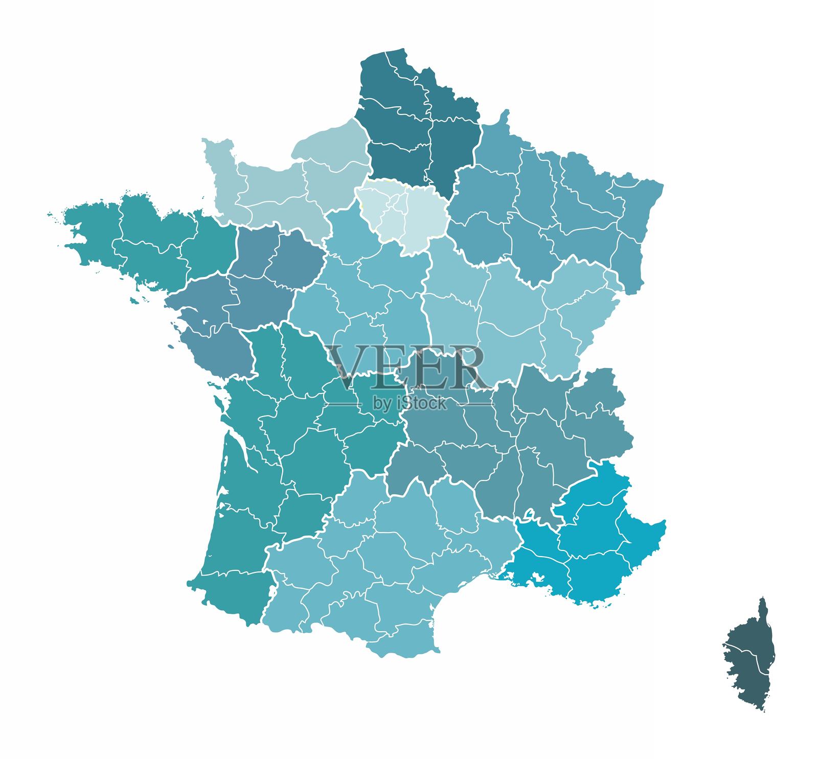 法国各省、各县的边界地图插画图片素材