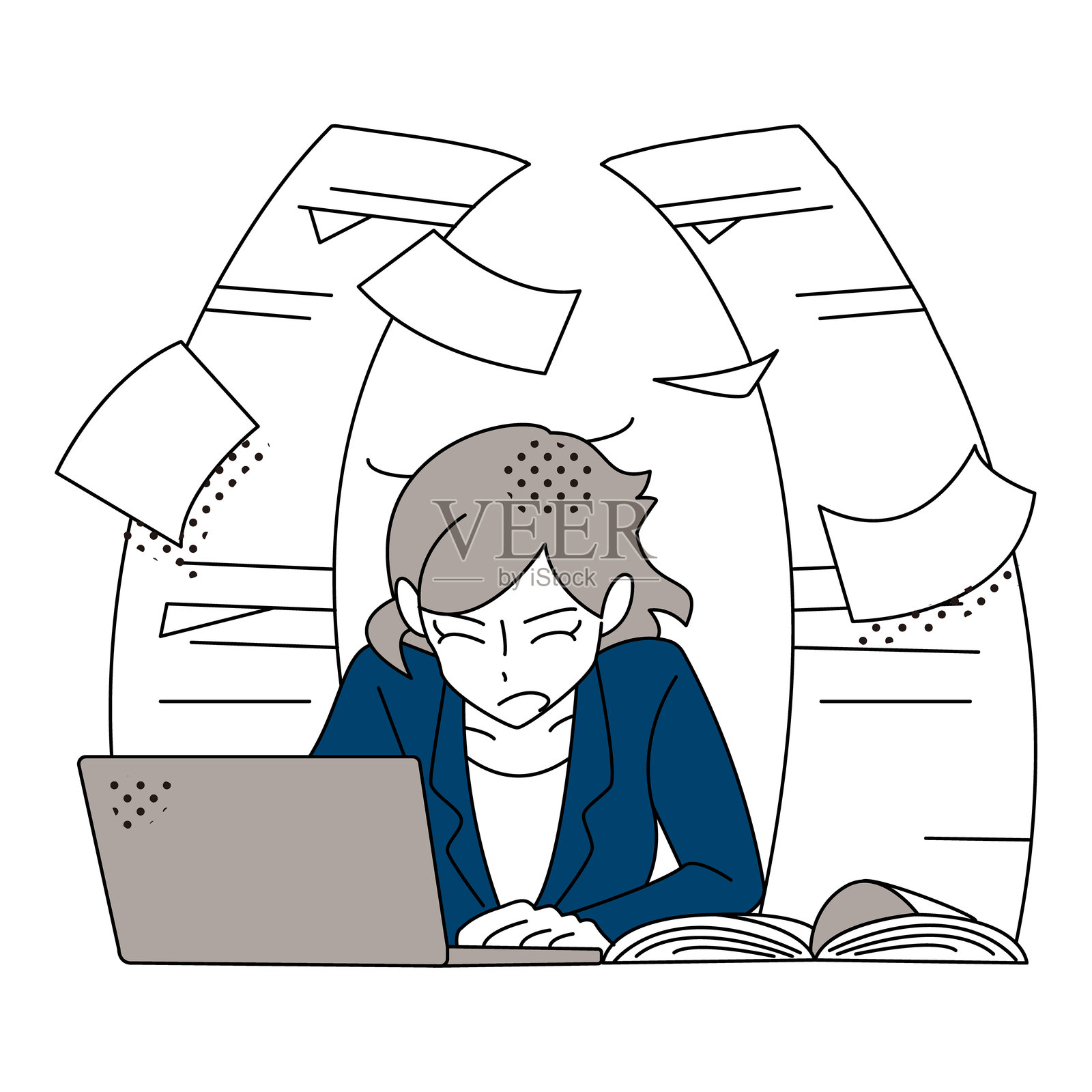 疲惫不堪的女商人在沉重的文件堆中挣扎的插画插画图片素材