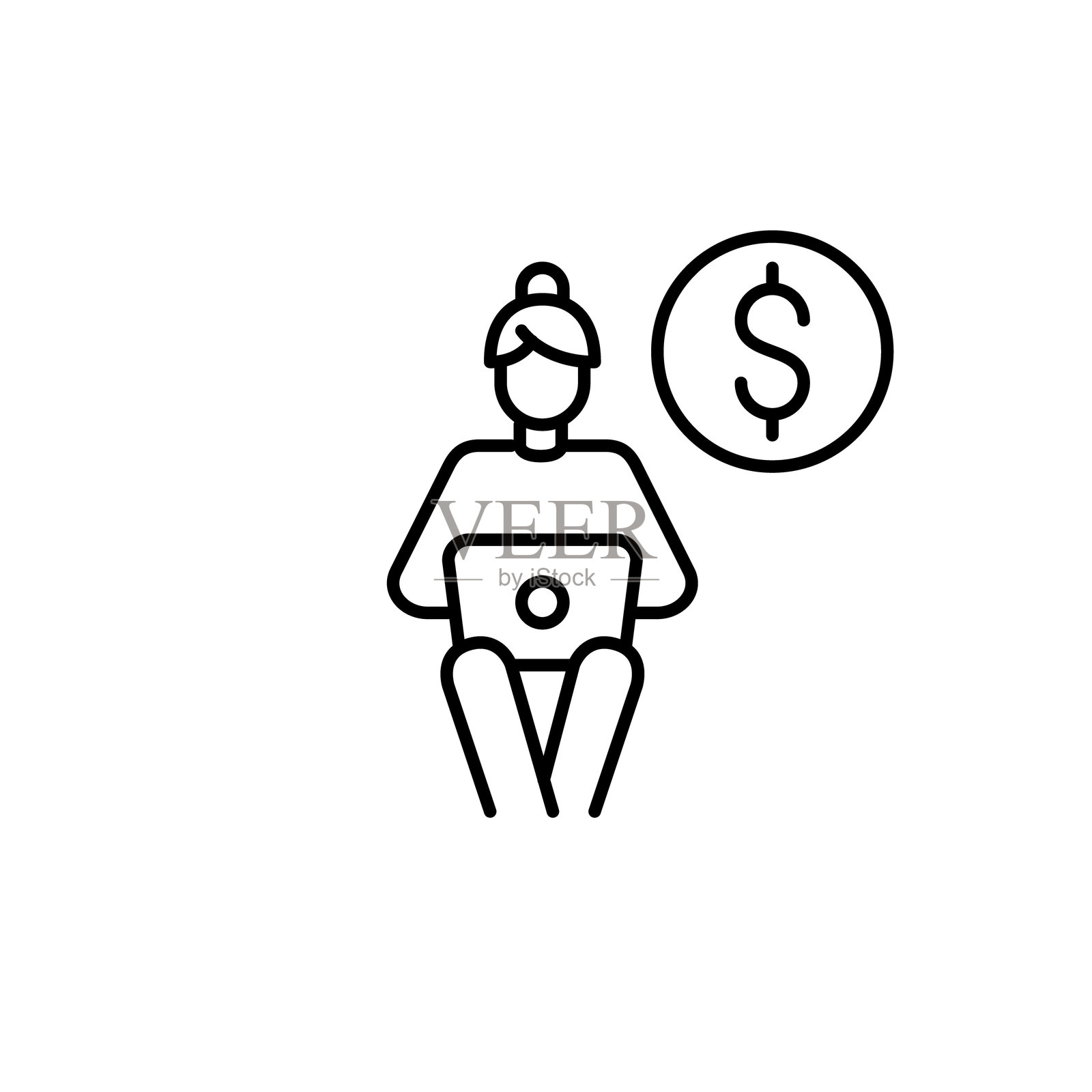 居家办公女性使用笔记本电脑和美元。远程工作、在线收入和工作开销。账目和订阅。像素完美，可编辑矢量图标插画图片素材