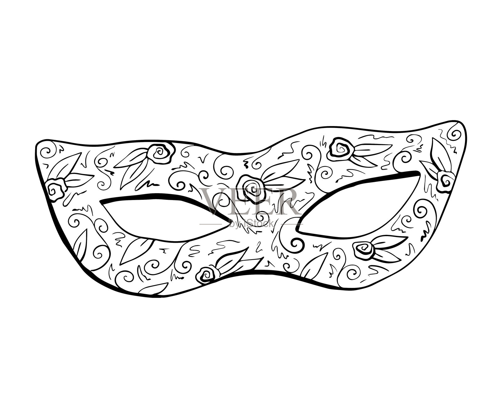 洛可可美学。手绘异想线描插画，带有嘉年华面具，并饰有花叶。插画图片素材