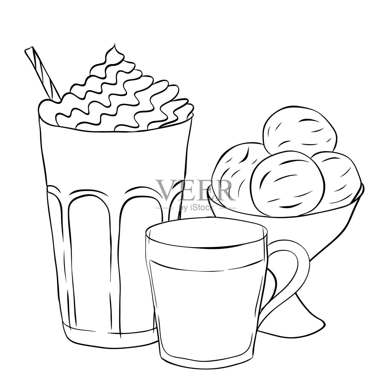 奶昔、咖啡、冰淇淋，奶油饮品，咖啡馆，手绘插画。矢量线条墨水，黑白艺术。样品海报、邀请函、节日横幅、明信片。插画图片素材