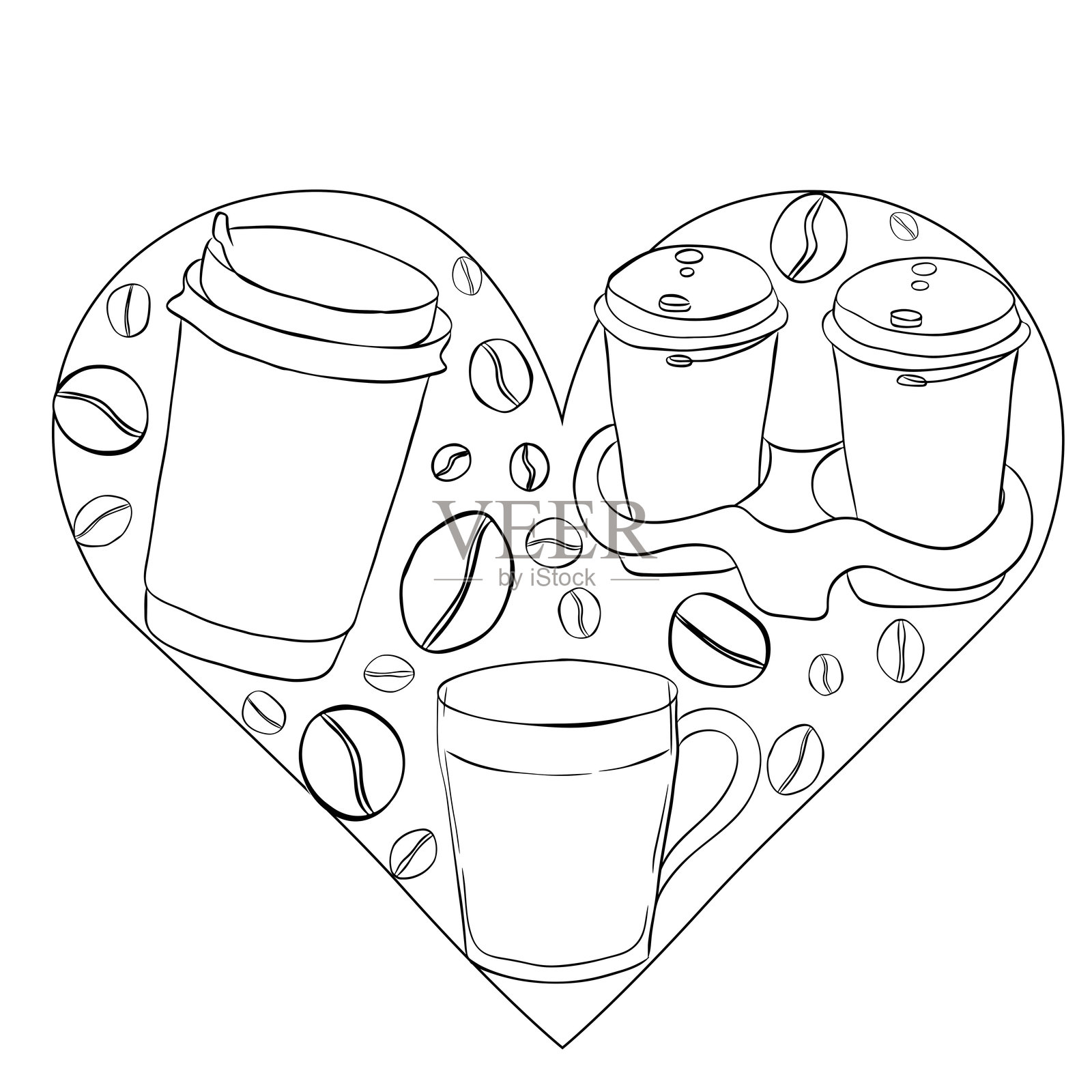 咖啡杯和咖啡豆，心形咖啡馆构成，手绘插画。矢量线条墨水，黑白艺术。用于标志、网页、包装、贴纸、节日设计、面料和纺织品。插画图片素材
