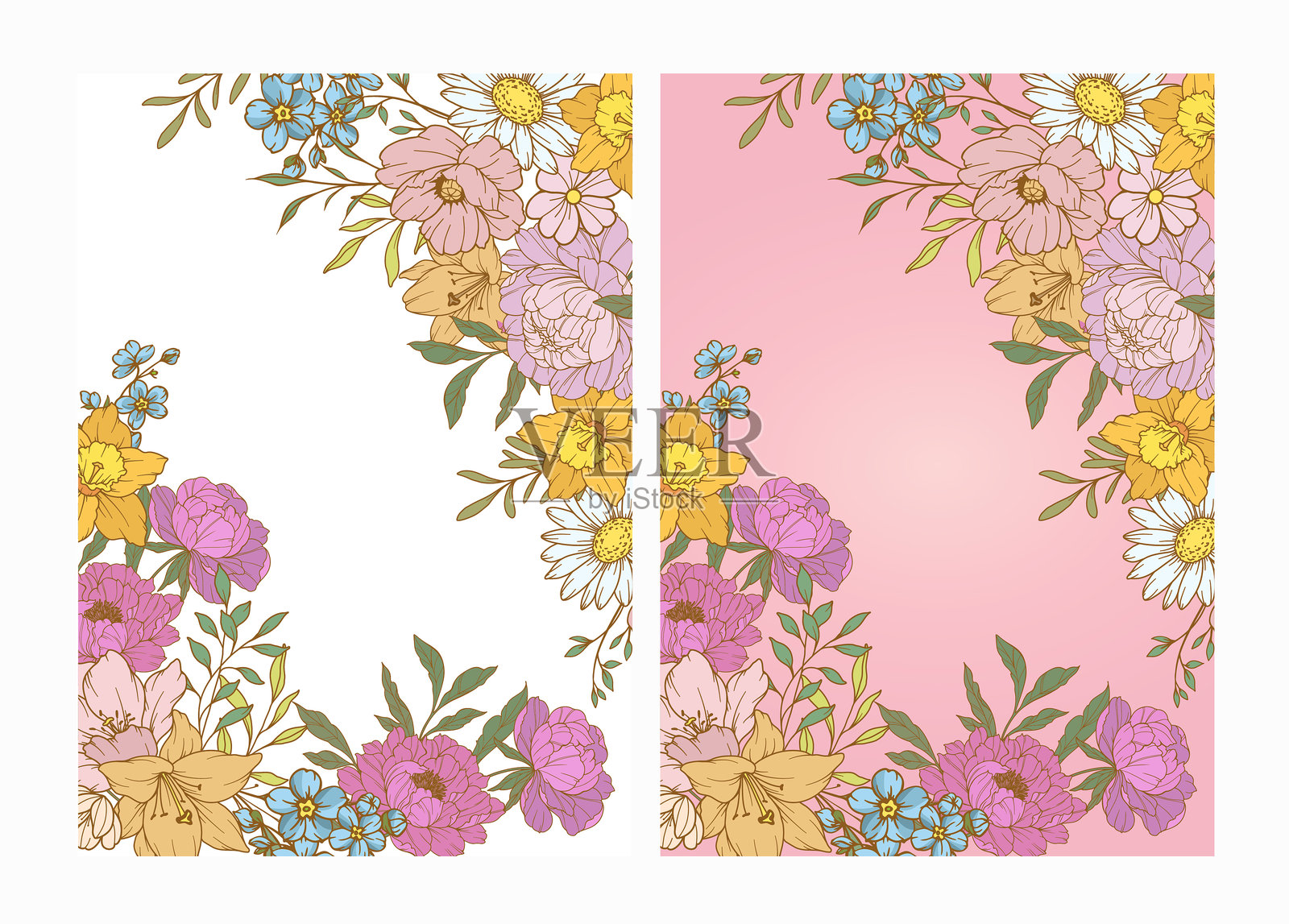 花卉相框横幅，鲜花贺卡。带鲜花的矢量横幅模板。花卉背景模板插画图片素材