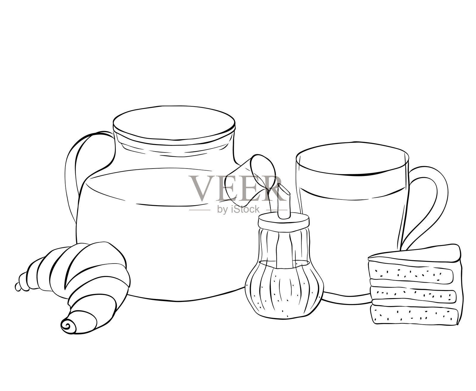 茶、可颂、糖、咖啡、蛋糕 咖啡馆组合 手绘插画。矢量线条墨水画。黑白艺术。横幅、海报、包装纸、贴纸、印刷品、现代纺织品设计。插画图片素材