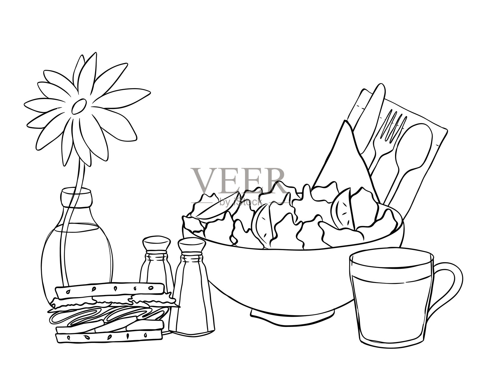 花、三明治、盐瓶、沙拉、咖啡馆构成 手绘插图。矢量线条墨水黑白艺术。用于海报、邀请函、背景、广告、促销、T恤印花。插画图片素材
