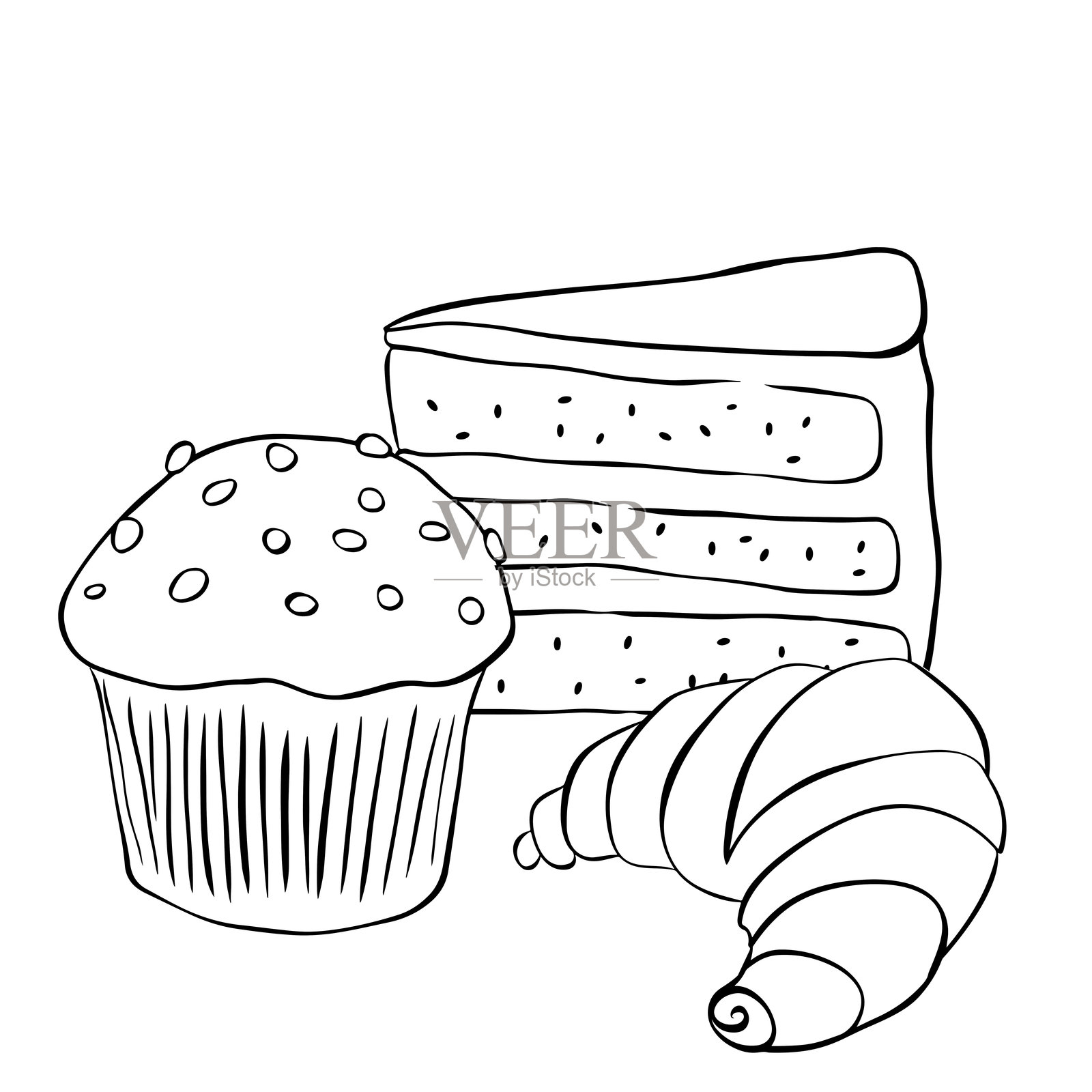 丹麦酥皮和甜点插画。玛芬蛋糕、羊角面包、咖啡馆组合、手绘插画。矢量线条墨水黑白艺术。示例海报、邀请函、节日横幅、明信片。插画图片素材