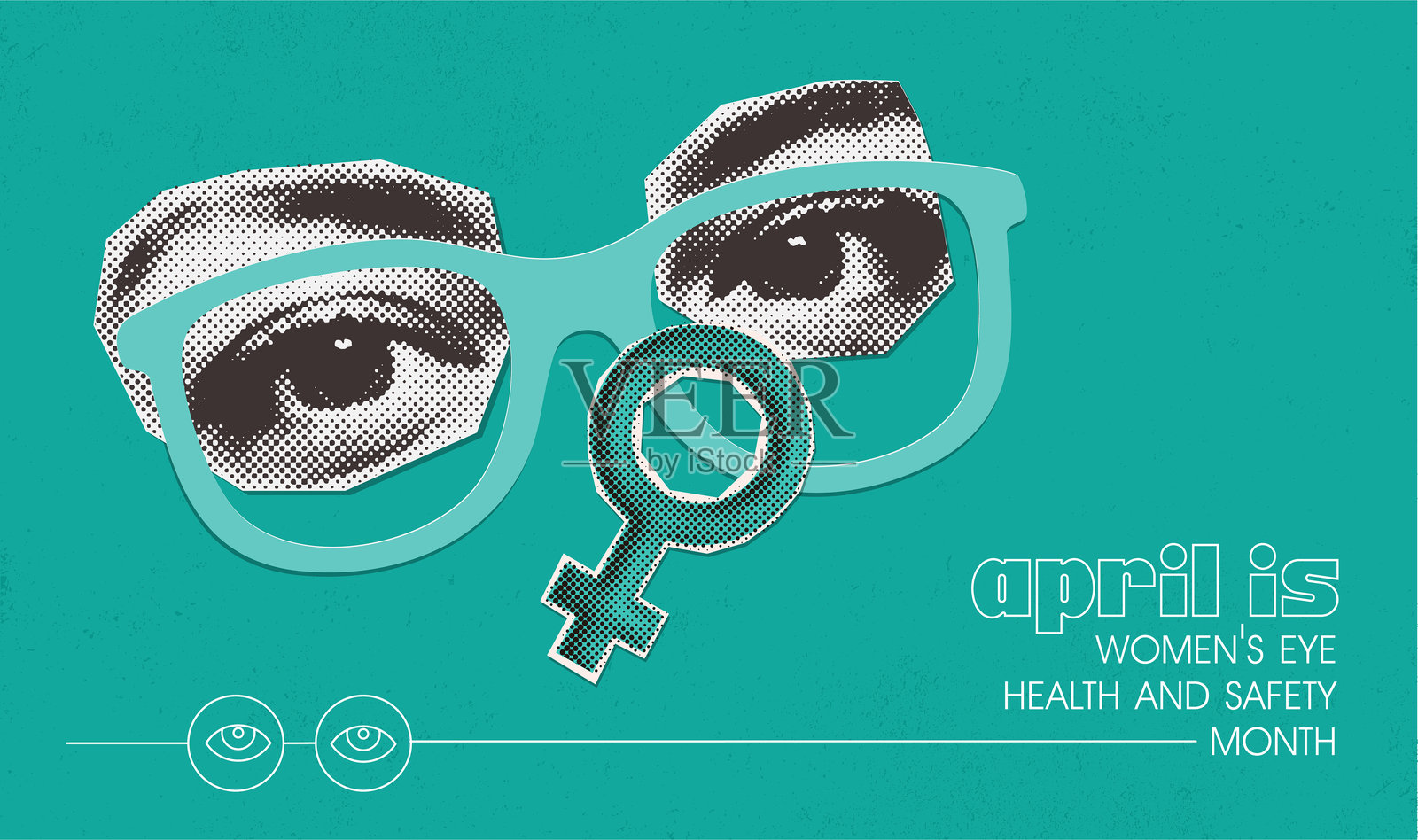 四月是女性眼健康与安全宣传月横幅。纸质半色调拼贴，包含眼镜、眼睛和女性图标。旨在教育女性眼健康、定期眼科检查、识别眼部问题。插画图片素材