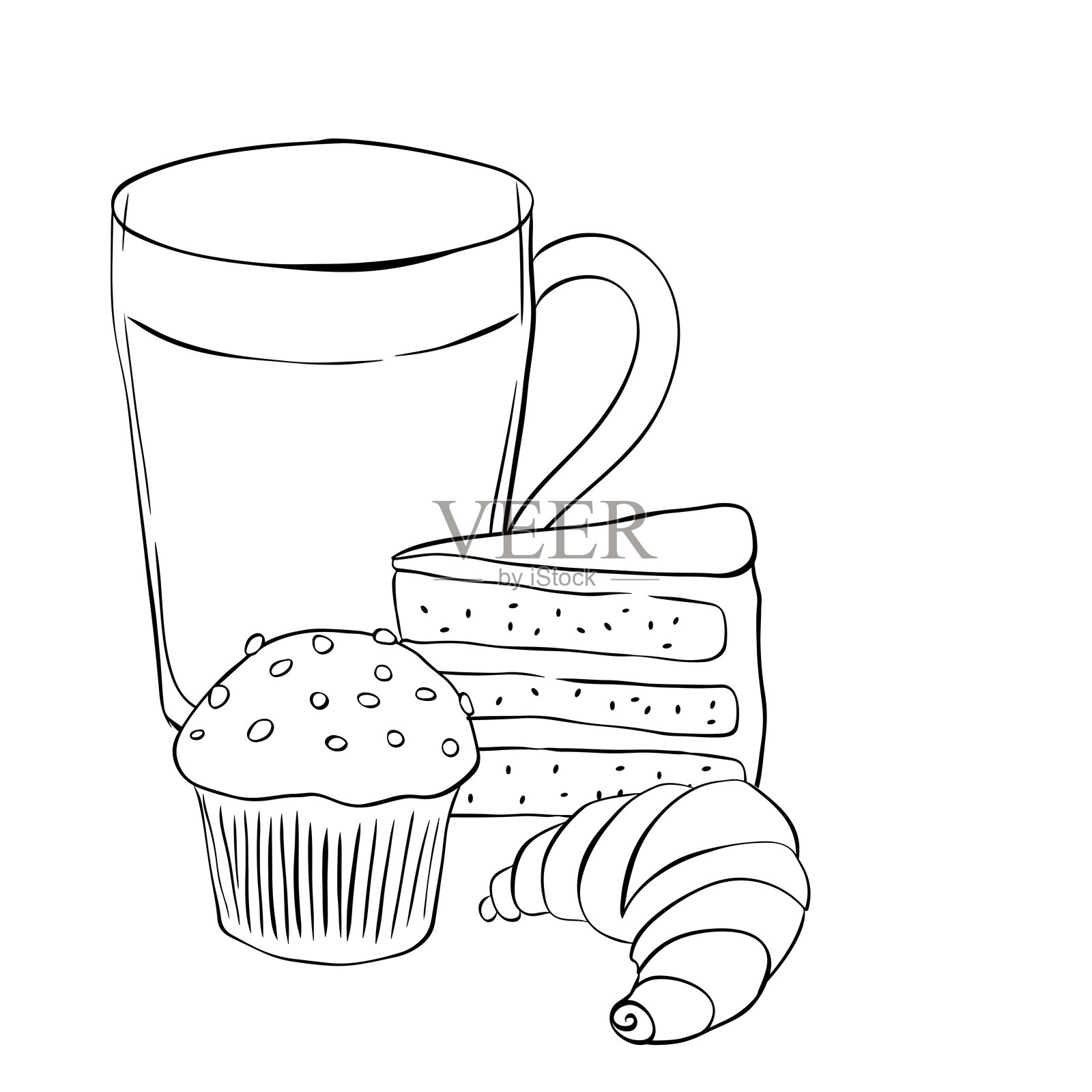 咖啡玛芬蛋糕羊角面包咖啡馆组合手绘插画。矢量图形线条墨水黑白艺术。用于标志、印刷品、漫画、时尚、波普艺术、画板、设计、贴纸的剪影标志。插画图片素材