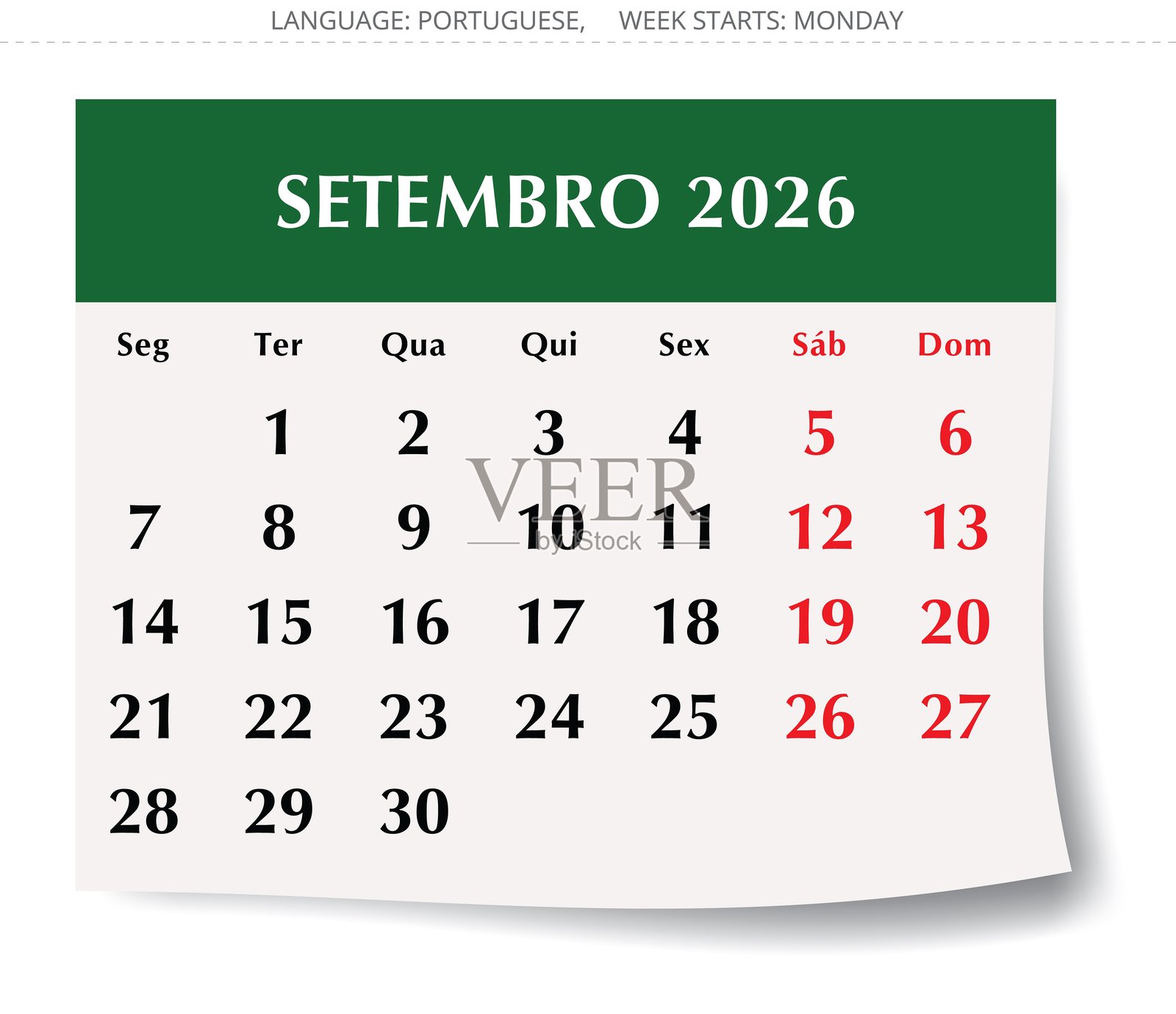 2026年9月葡萄牙日历 – Setembro. 矢量插画插画图片素材