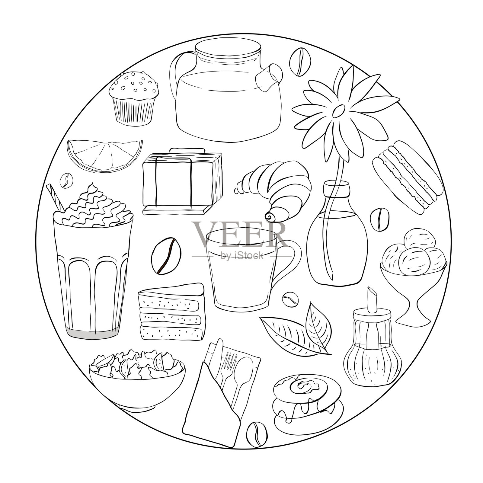 咖啡馆元素圆形构图。手绘插画。矢量线条墨水黑白艺术。适用于面包店和咖啡店。咖啡豆、咖啡杯和羊角面包。插画图片素材