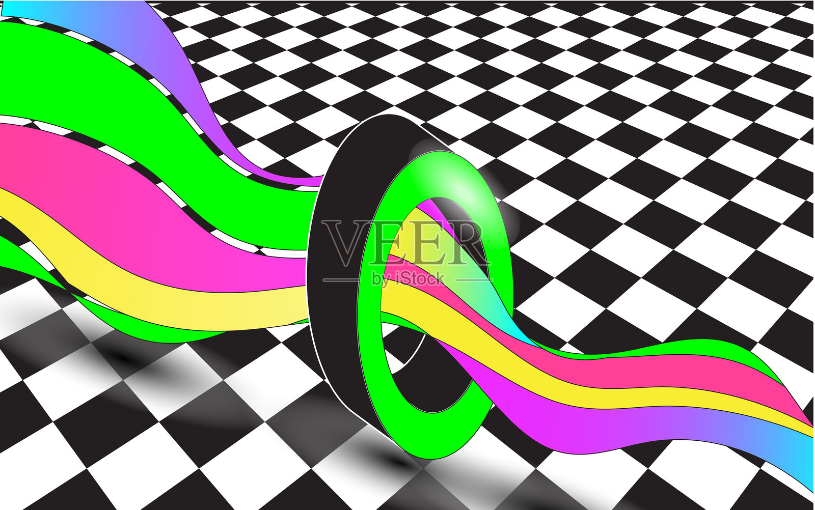 复古野兽派超现实主义3D几何图形背景设计模板，采用2000年代Y2K风格的霓虹色彩，背景为菱形格子插画图片素材