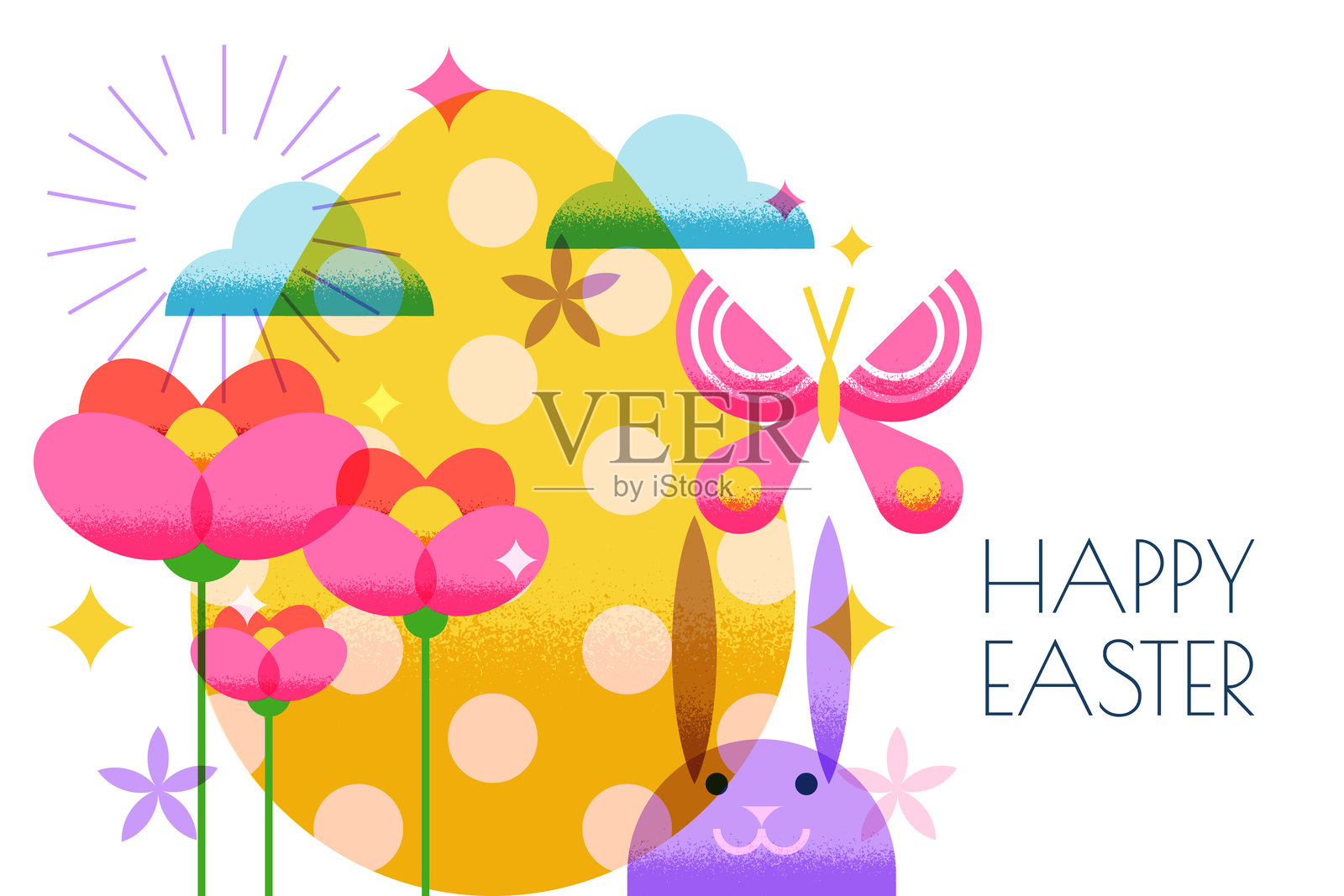 矢量复活节彩蛋、兔子、春季花卉、蝴蝶。复活节横幅、海报、节日派对装饰设计插画图片素材