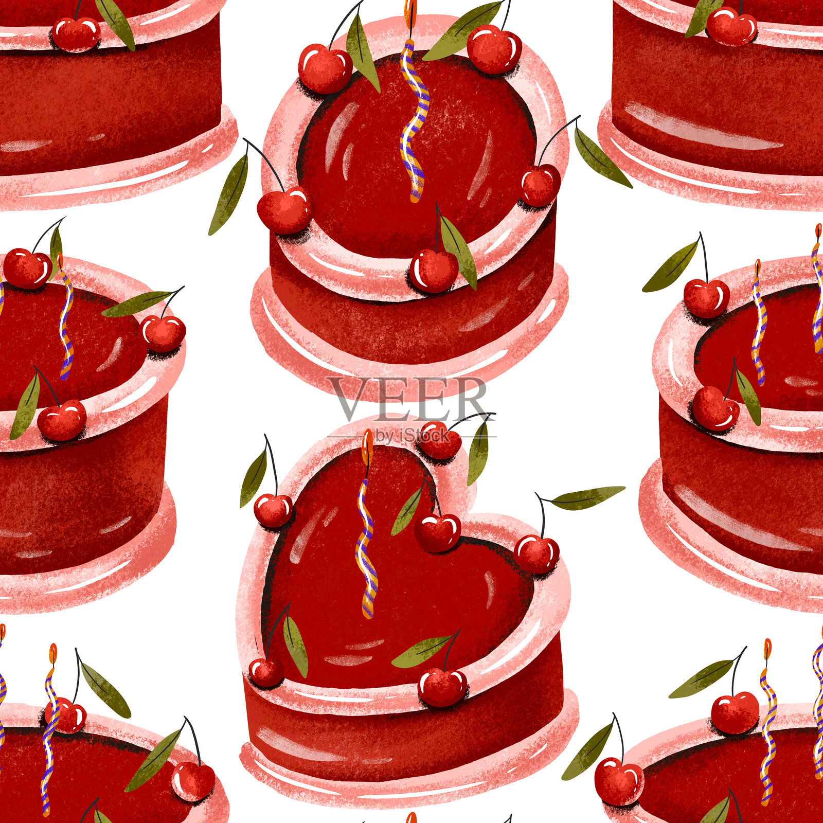 甜蜜烘焙蛋糕情人节无缝图案。爱日甜点。2月14日庆祝。约会食物。手绘生日蛋糕和樱桃包装纺织品印花。少女爱情故事插画图片素材