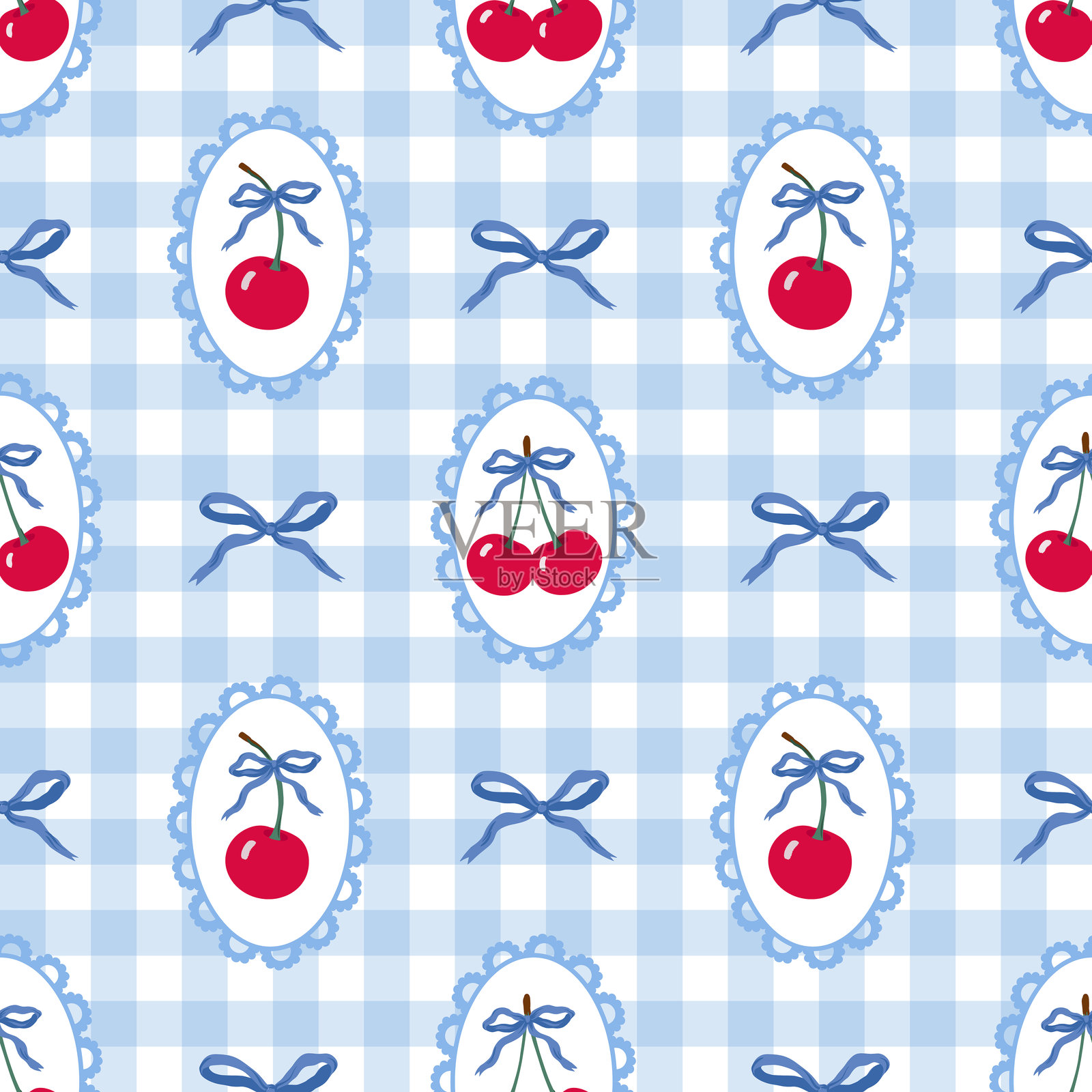 可爱的樱桃矢量图，带有粉色蝴蝶结丝带和爱心的无缝图案插画图片素材