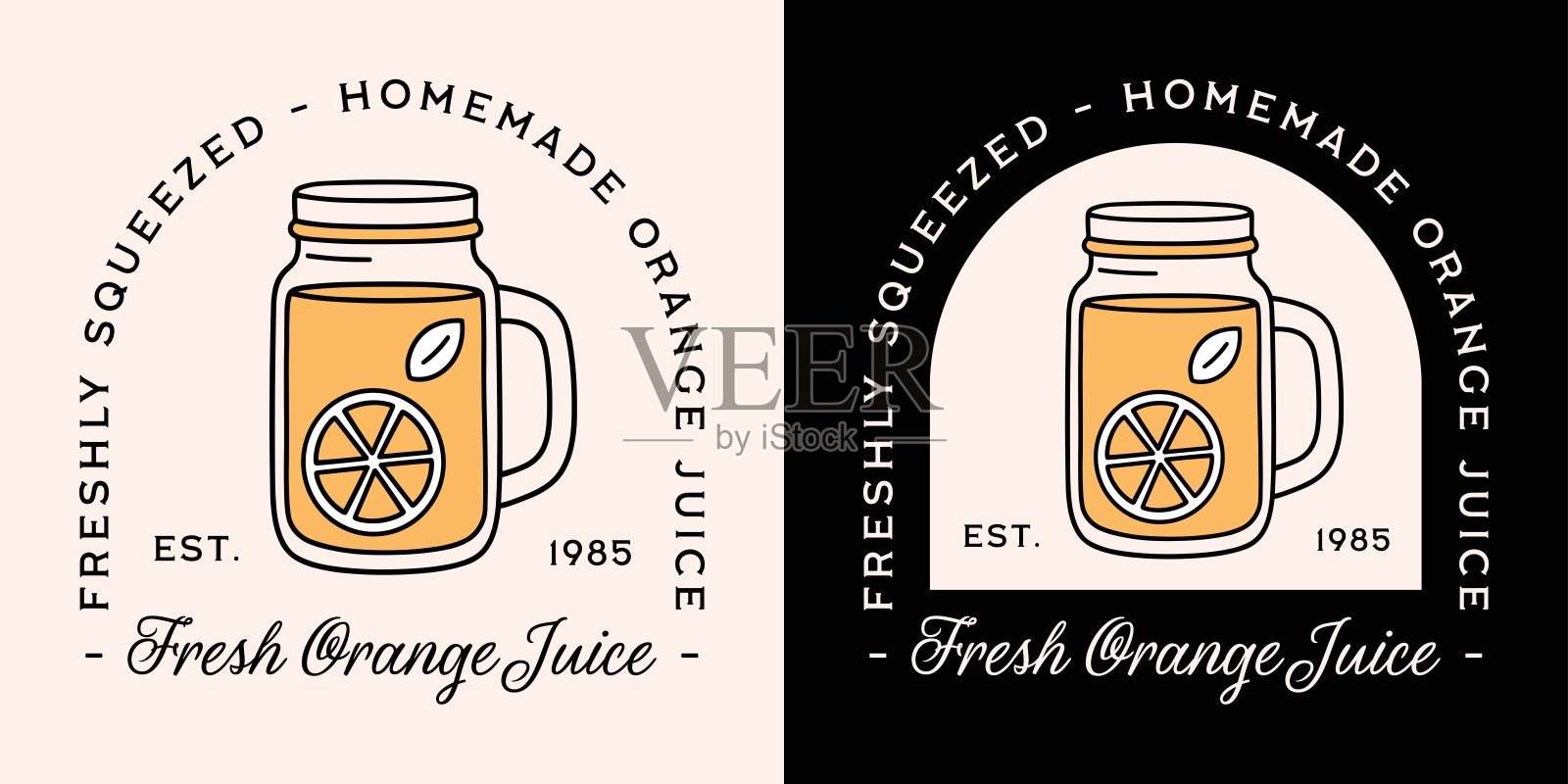新鲜橙汁 手工制作 天然 鲜榨 有机 水果风味 标签 贴纸 包装设计 复古 维多利亚美学 饮品 梅森罐 手绘 印花插画图片素材